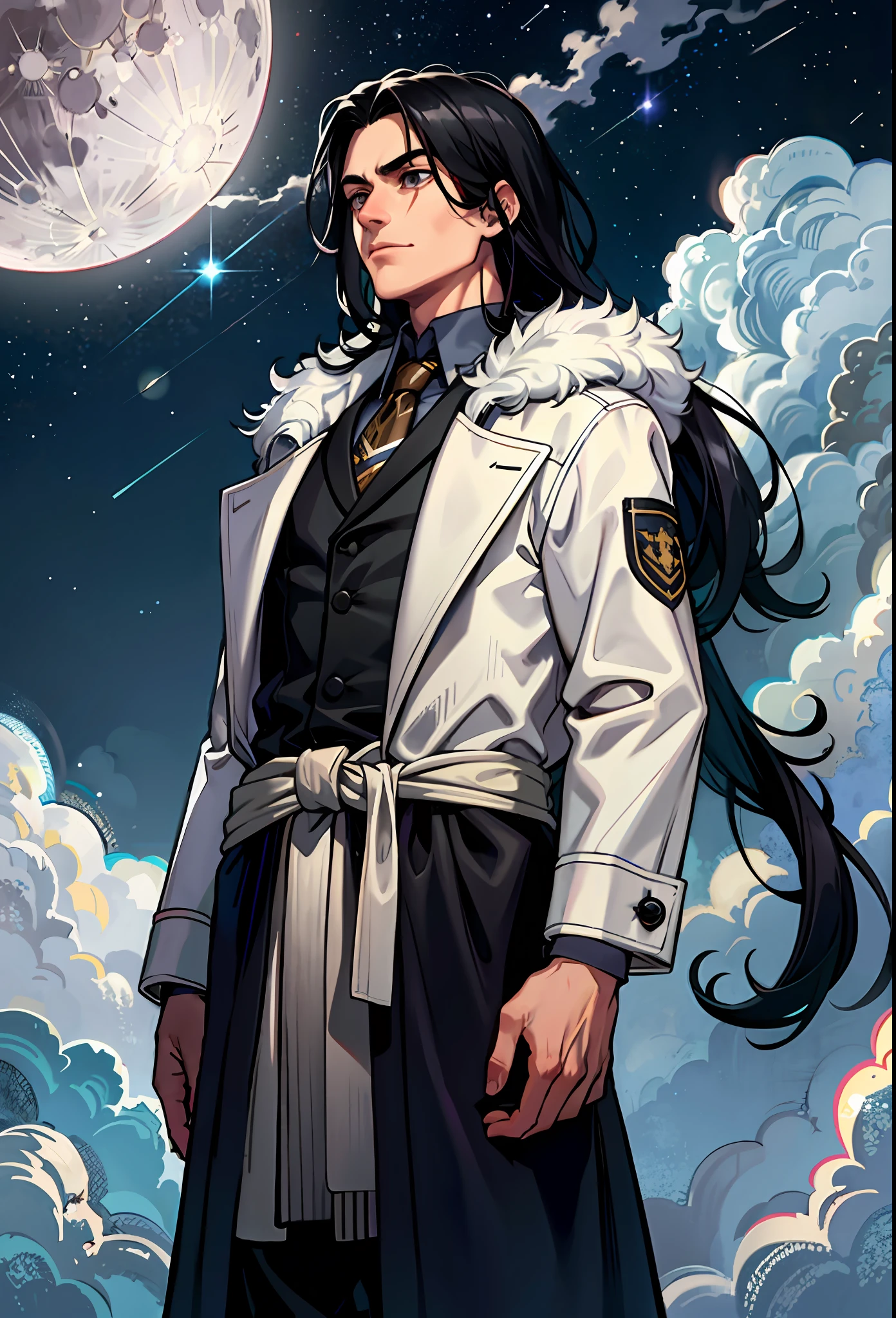 masterpiece, 1 guy, wiry, black hair, long hair, gray eyes, coat, upper body, night, moon, stars,