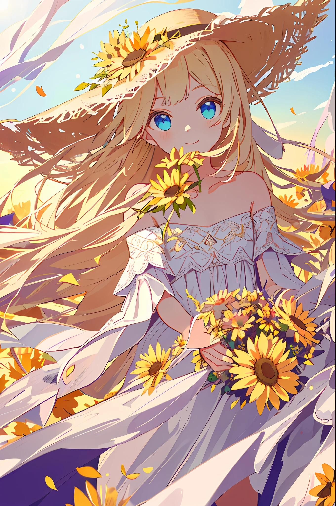 1girl, masterpiece, best quality, extremely detailed, cinematic lighting, fine beautiful face and eyes, 8k, dark intense shadow, white dress, bare shoulders, straw hat, floating hair, gradient eyes, light smile, colorful flower field, sunrise, lens flare, clouds, gradient sky, yellow sky, blue flowers, red flowers, purple flowers, detail highlights, style petals