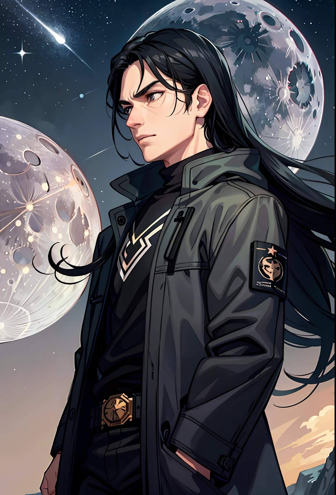 masterpiece, 1 guy, wiry, black hair, long hair, gray eyes, coat, upper body, night, moon, stars,