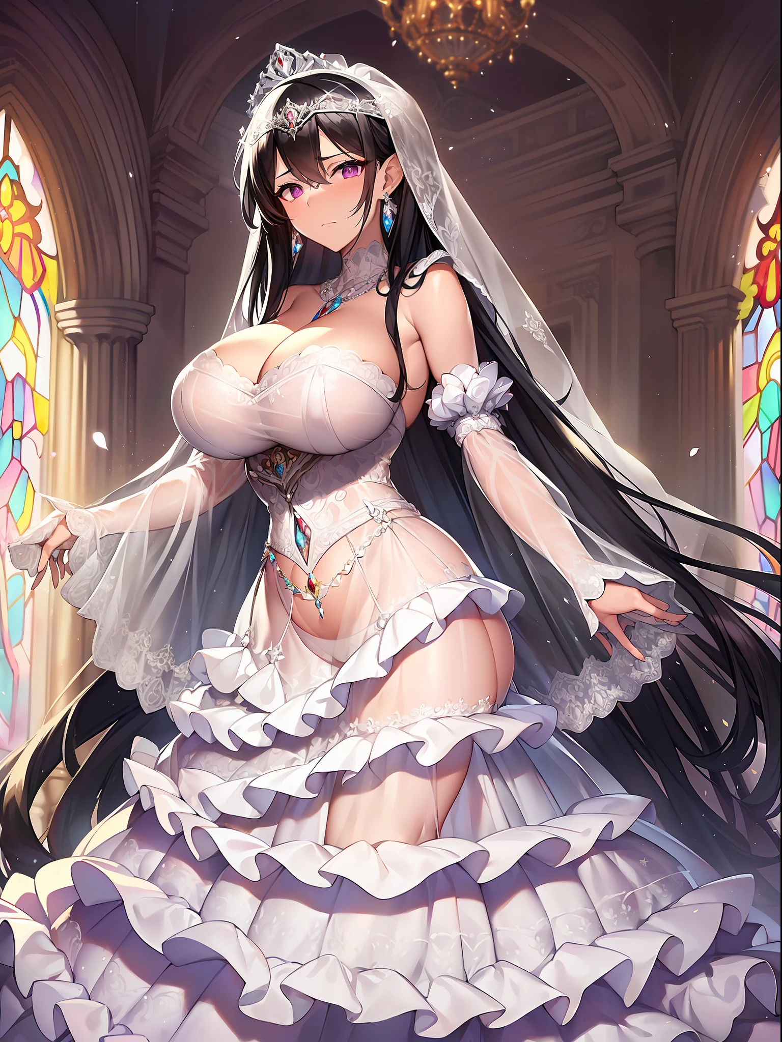 ((anime artstyle)),(((Masterpiece))), ((Best Quality)), ((Super Detail)), Illustration, (((Very Delicate and Beautiful))),Dynamic Angle,Looking at viewer,((((Solo)))),June bride,((((1 arrogant empress in See-through white wedding dress having a wedding ceremony in a royal palace)))), in the flower garden,((((Full body)))),(standing),((((embarrassed)))),Purple eyes,(Sharp eyes),Detailed Face, Long Eyelashes,Jet Black Hair,(Straight Hair),((Very Long Hair)),Bangs between eyes, ((((gigantic breasts)))),cleavage,skindentation,curvy,See-through,(((fusion of See-through white wedding dress and white rococo ball gown))),(fluffy See-through white wedding dress with gorgeous embroidery),((hoop skirt)),long skirt,corset,crinoline,(long wedding veil),opera gloves,finely decorated jeweled big tiara, gem earrings,finely decorated necklace,((Beautifully jeweled ornaments)),indoor,white lily flowers, flower petals flowing,Stained glass,light particles,