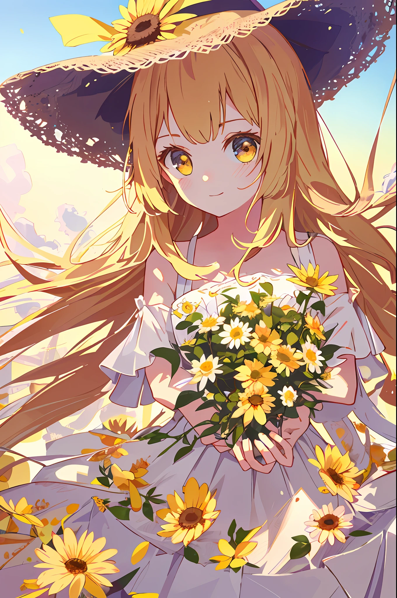 Anime girl with sunflowers in her hand and a hat on - SeaArt AI
