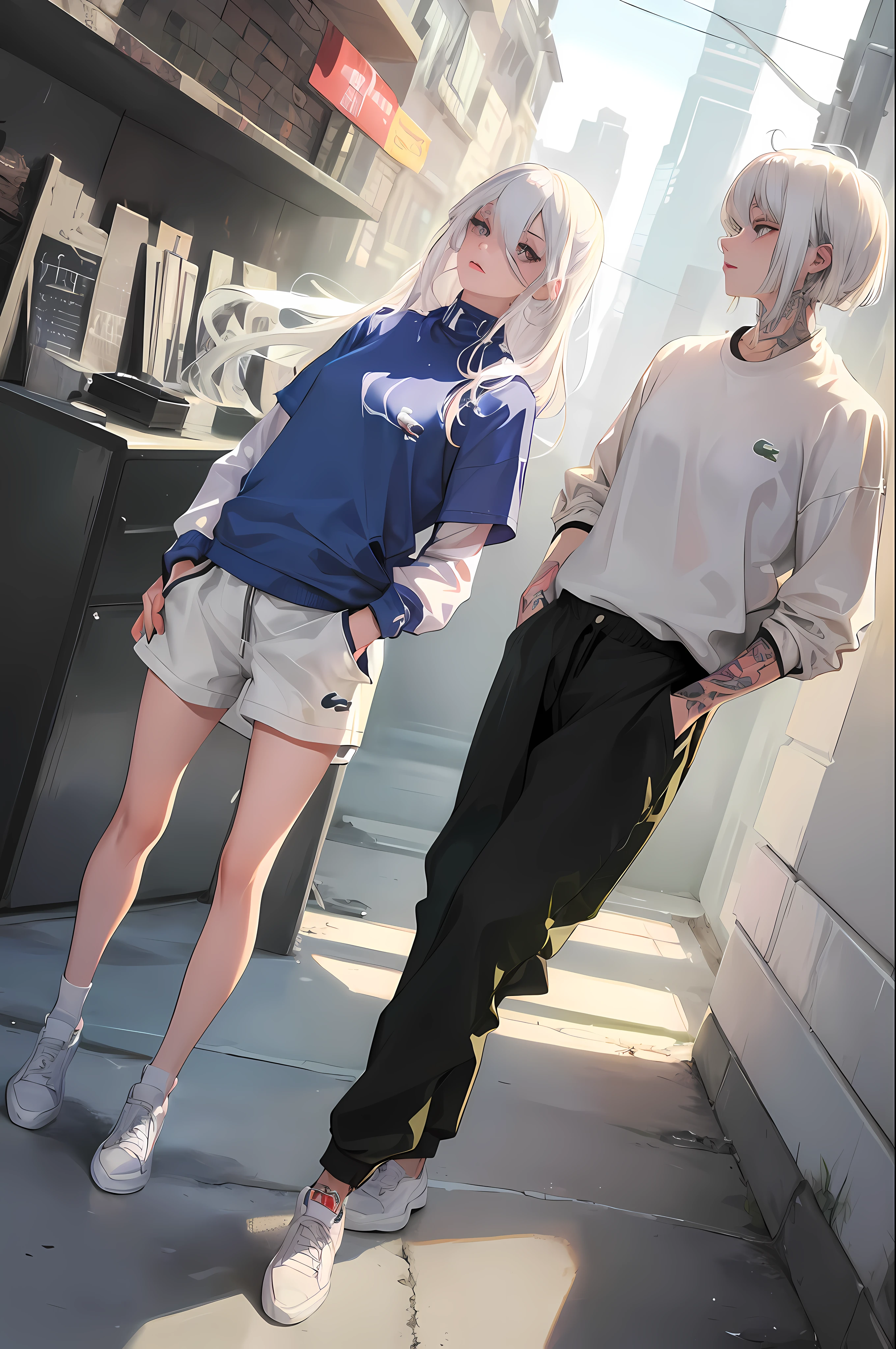 (best quality, stunning illustration), girl with white hair, tattoos on body, wearing a lacoste clothes, with hands in the pockets, background meeting scenario, light effect, bright, blurry, cartoon style