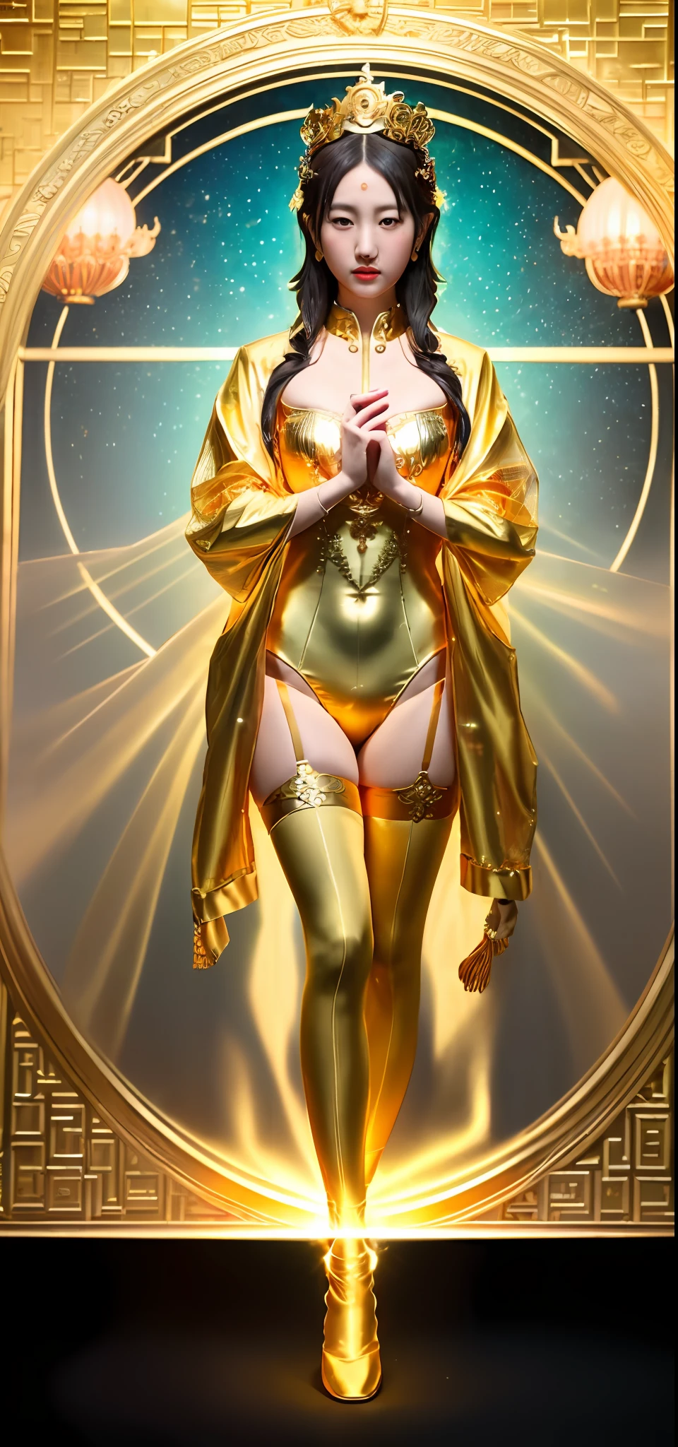 1girl, masterpiece, highly detailed CG Unity 8K wallpaper, highest quality, lifelike, RAW photos, absurdity, fantastic, attention to detail, award-winning photos, cinematic lighting, photography, balanced body, (full body), (small face, slim, petite, slender body), (big), (side), ( Breasts) (arms outposed) (thighs exposed) (cleavage) (Guanyin Bodhisattva cosplay) (Buddha statue), (14 years old, beautiful girl,) solo, (golden see-through leotard), (golden mesh stockings), (golden garter stockings), (very small treasure crown) (golden transparent fluttering robe), (walls with golden patterns) (golden decorated walls) (golden ancient temples), full body, standing,