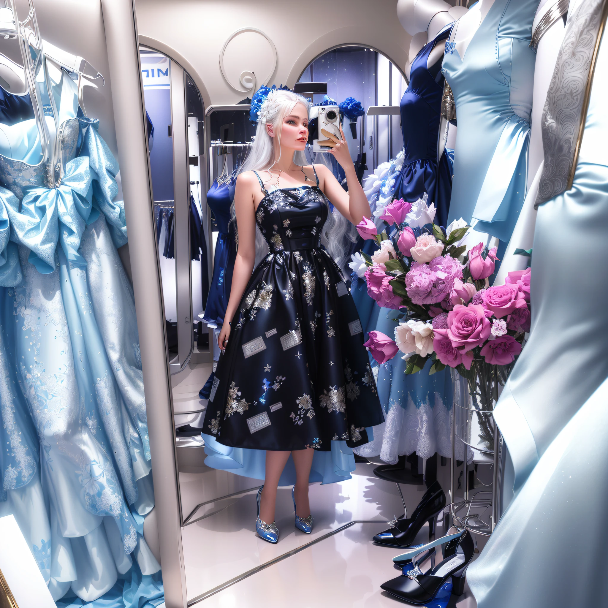 There is a woman who photographs herself in a dress shop, wearing a plastic white floral dress inspired by David La Chapelle, crisp white dress, white and gold, blue and silver, inspired by Alice Prine, wearing a beautiful model photo Kerli Koiv, wearing a gorgeous dress, Julia Razumova style