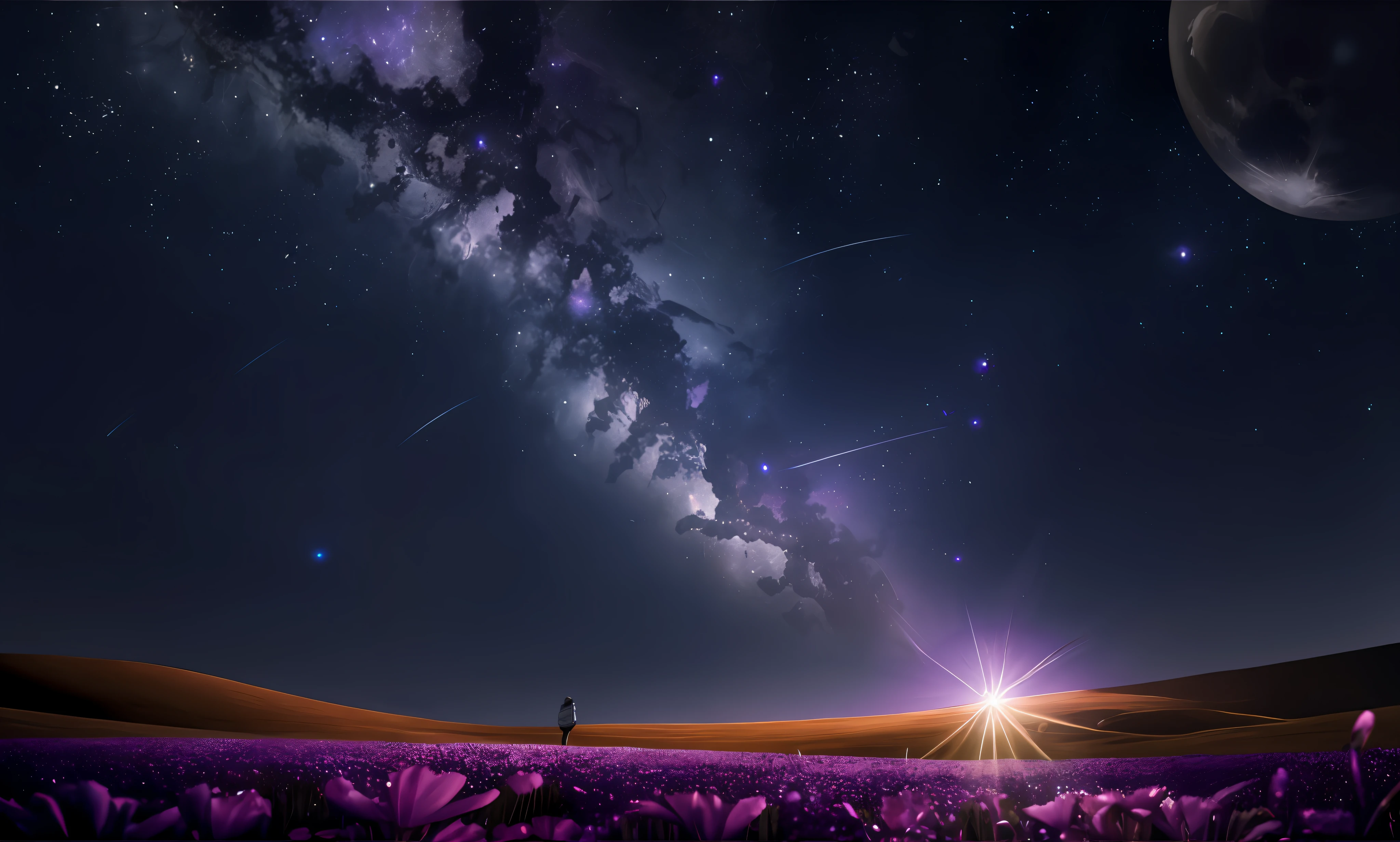 expansive landscape photograph , (a view from below that shows sky above and open field below), a girl standing on flower field looking up, (full moon:1.2), ( shooting stars:0.9), (nebula:1.3), distant mountain, tree BREAK
production art, (warm light source:1.2), (Firefly:1.2), lamp, lot of purple and orange, intricate details, volumetric lighting BREAK
(masterpiece:1.2), (best quality), 4k, ultra-detailed, (dynamic composition:1.4), highly detailed, colorful details,( iridescent colors:1.2), (glowing lighting, atmospheric lighting), dreamy, magical, (solo:1.2)