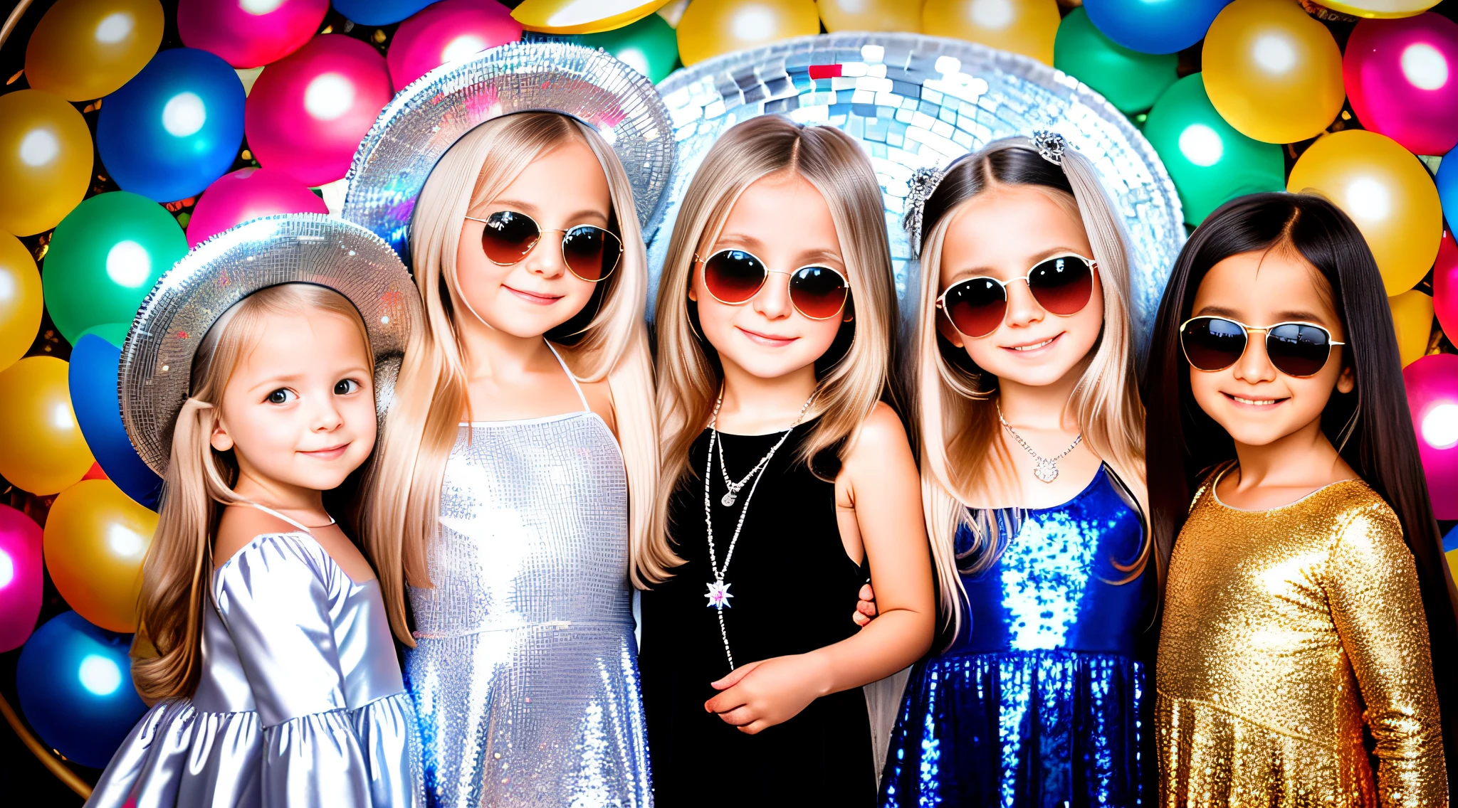 3 girlsRussian children with 10 years old, WITH LONG STRAIGHT HAIR, PORTRAIT STYLE, sunglasses holding a disco ball, disco ball, silver hair, disc smile,