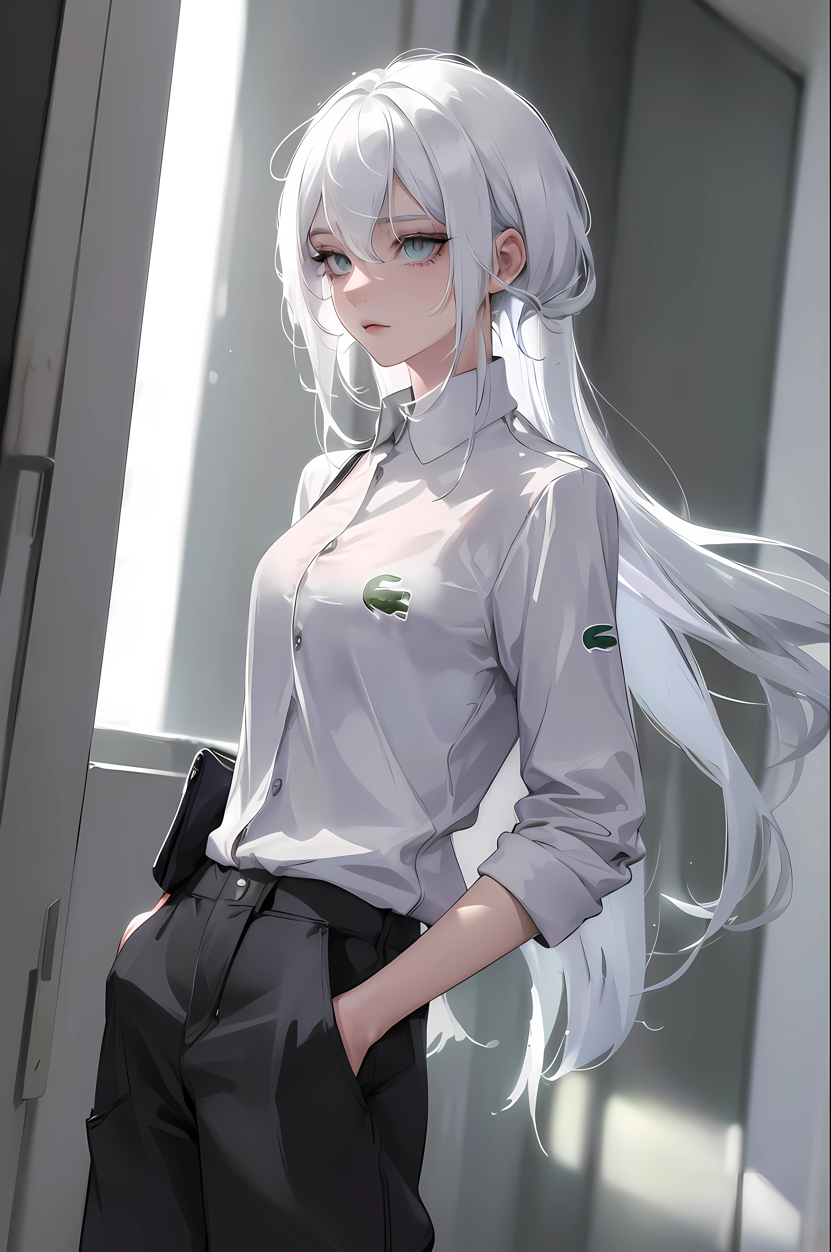 (best quality, stunning illustration), girl with white hair, tattoos on body, wearing a lacoste clothes, with hands in the pockets, background meeting scenario, light effect, bright, blurry, cartoon style