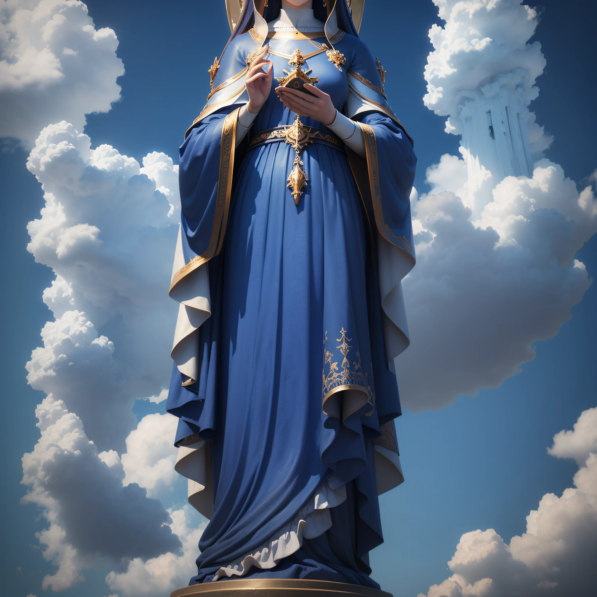 3D render of Our Lady of Graces in clouds in an indigo blue sky, digital art --auto --s2