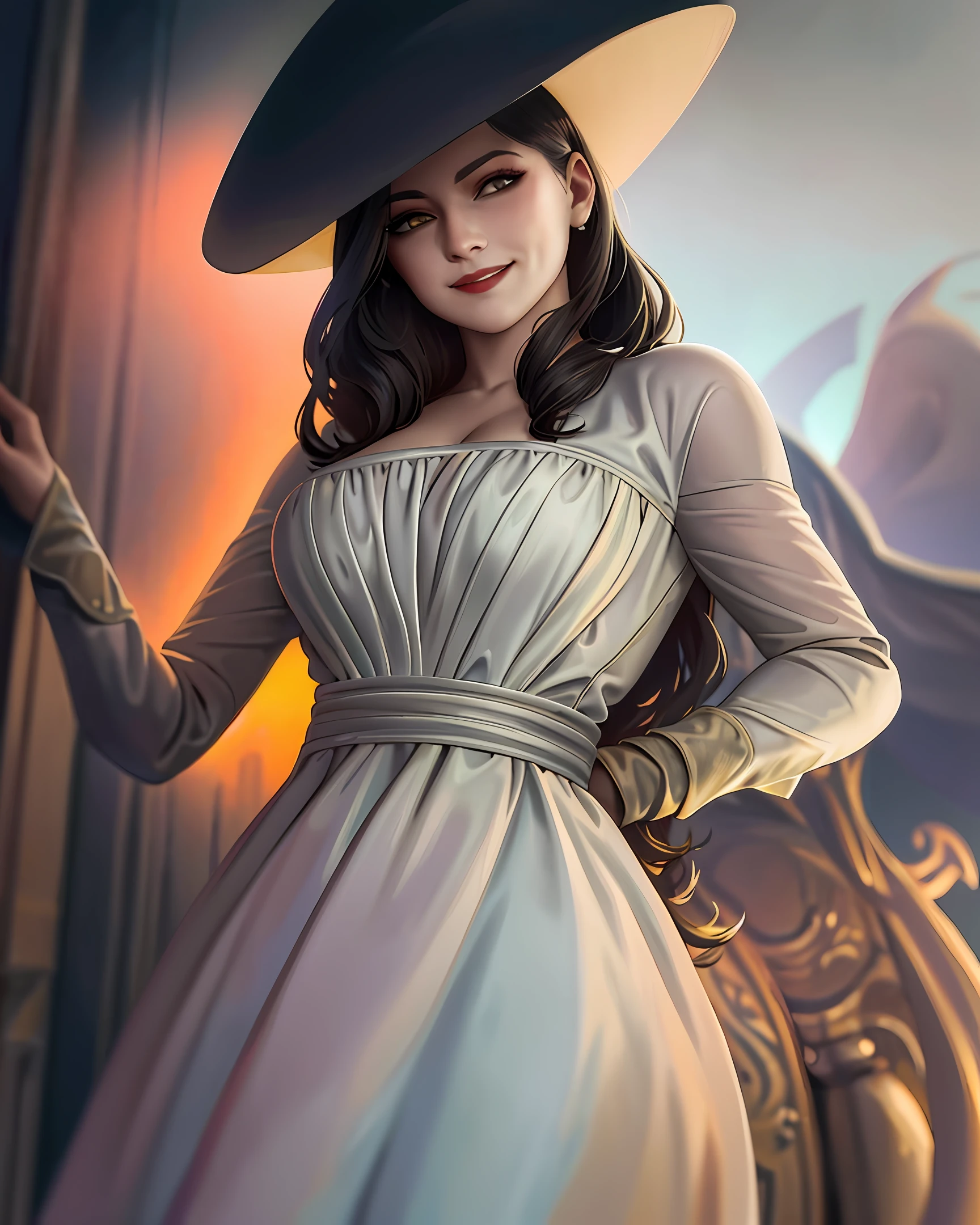(front focus), (in the dark:1.6), Hyperrealist portrait of female by david hockney and alphonse mucha, fantasy art, photo realistic, dynamic lighting, artstation, poster, volumetric lighting, very detailed faces, 4 k, award winning, 1girl, in the dark, deep shadow, low key, cowboy shot, (official clothing:1.4), long hair, white hair, happy smile, skin texture,
