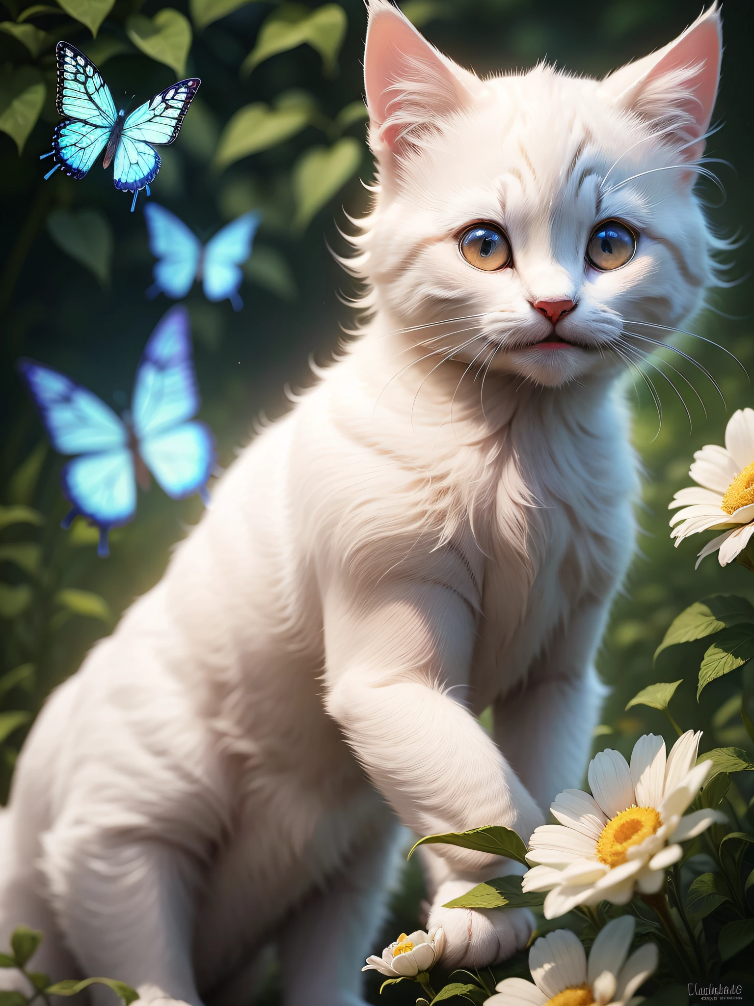 A healing smile cute white kitten is catching butterflies in the garden, this is a high-definition digital painting, this is a digital artwork, cute, warm, next to bright butterflies flying around the kitten, the background flashes with light spots to give a surreal feeling, you can hold flowers, the hair has 3D texture highlights, the kitten has a three-dimensional sense, the neck has ornaments, the beard is clear, and the body hair is clear