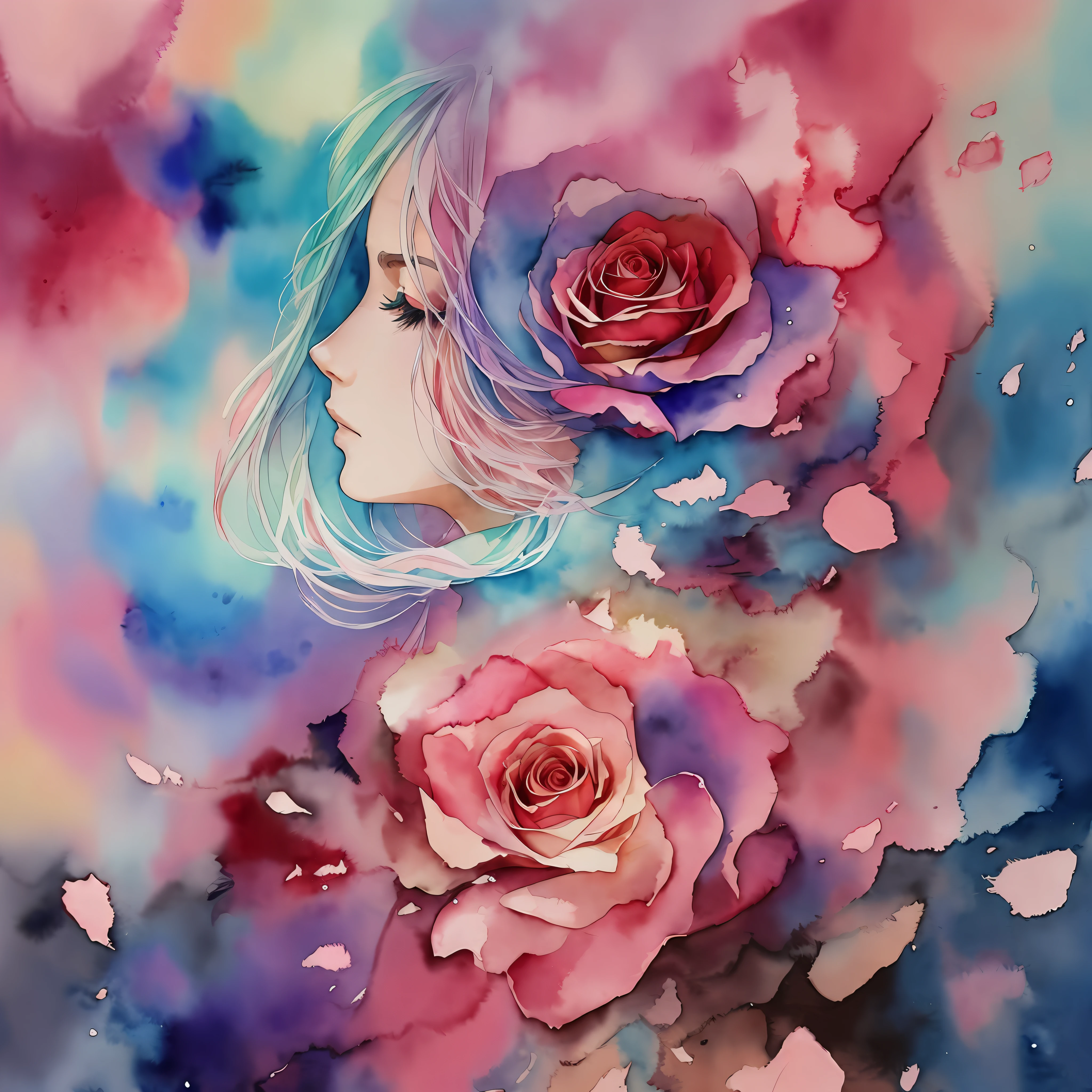 wtrcolor style, (rose) digital art, official art, blown by the wind, masterpiece, beautiful, ((watercolor)), paint splatter, intricate detail. Great detail, [dripping:0.7], Trending on Artstation, Rachel Walker --auto --s2