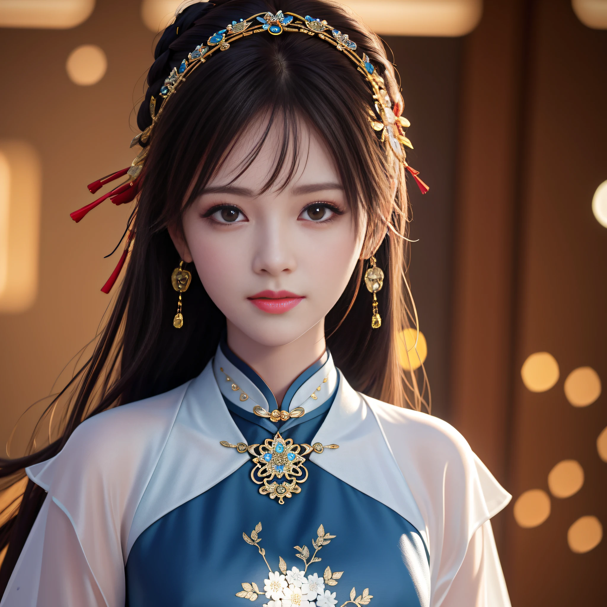 Best Quality, Masterpiece, Hi-Res, One Girl, Cheongsam, Headwear, Necklace, Jewelry, Beautiful Face, upon_body, Tyndall Effect, Photorealistic, Dark Studio, Rim Lighting, Two-Tone Lighting, (High Definition Skin: 1.2), 8k uhd, dslr, soft lighting, high quality, volumetric lighting, candid, photography, high resolution, 4k, 8k, bokeh,