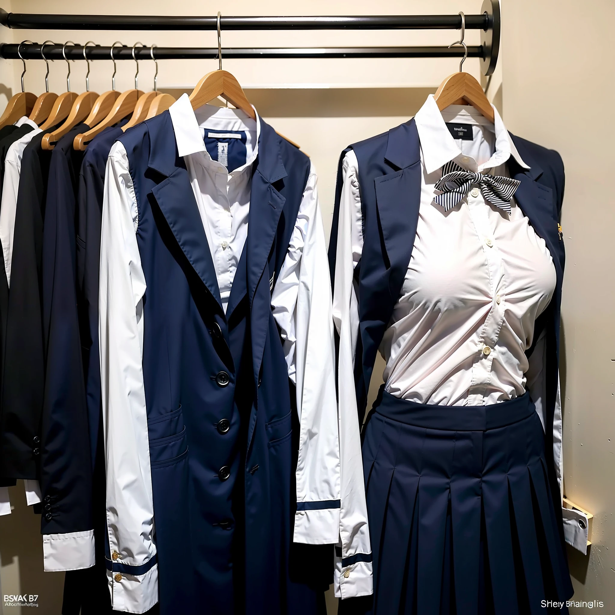 (Best quality, 8k, 32k, Masterpiece, UHD:1.2),invisible girls, beauty Japanese girl, narrow waist, blue shirt, school girls, school uniforms, from behind, in closet, hanger, (stick out one's buttocks:1.2), look at viewers, hanger school uniform, as if invisible girls wear school uniforms, headless, faceless, empty school uniforms, hanger school uniforms in closet swells as if worn by invisible girls, swelling school uniforms raise their sleeves