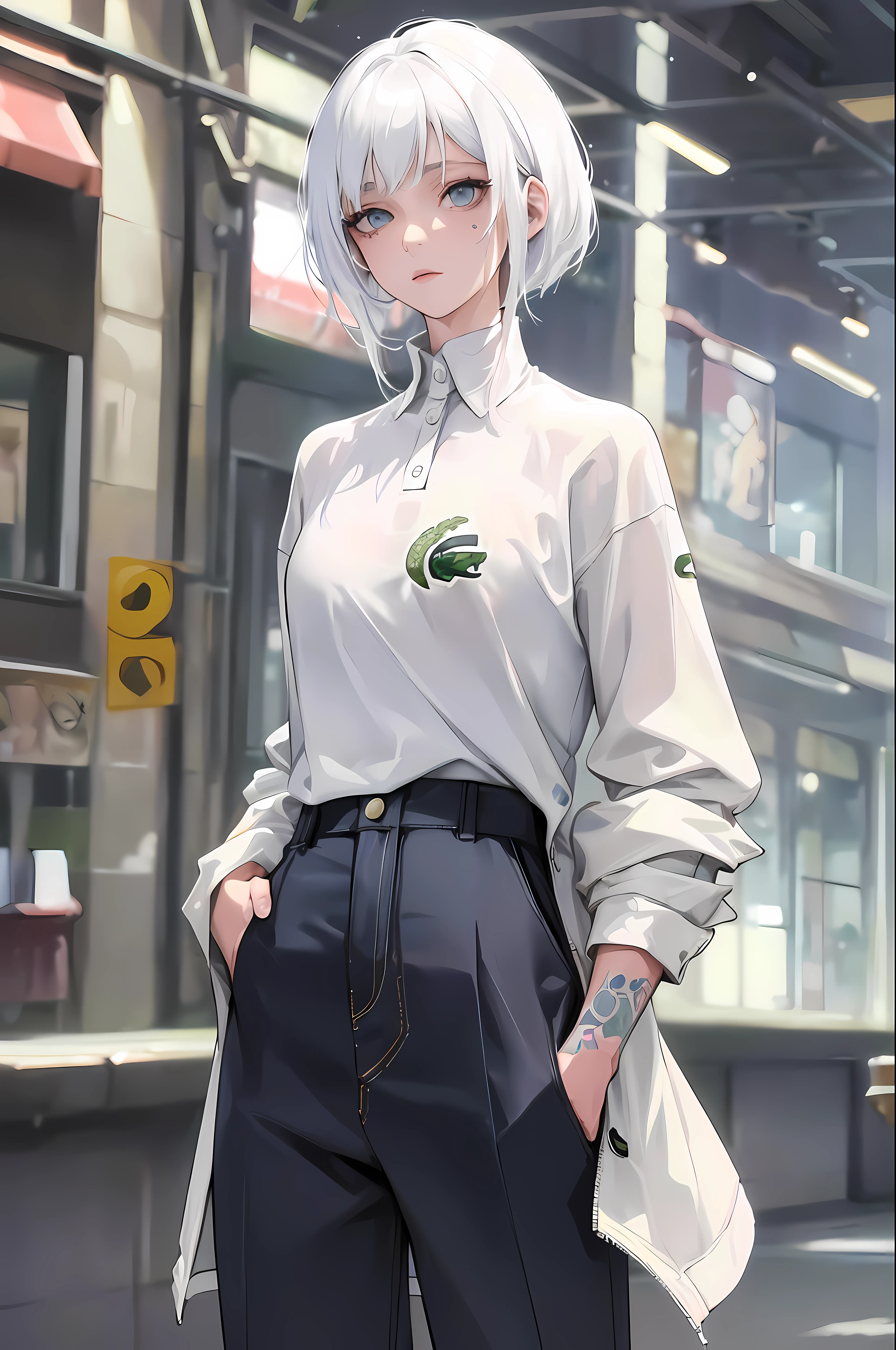 (best quality, stunning illustration), girl with white hair, tattoos on body, wearing a lacoste clothes, with hands in the pockets, background meeting scenario, light effect, bright, blurry, cartoon style