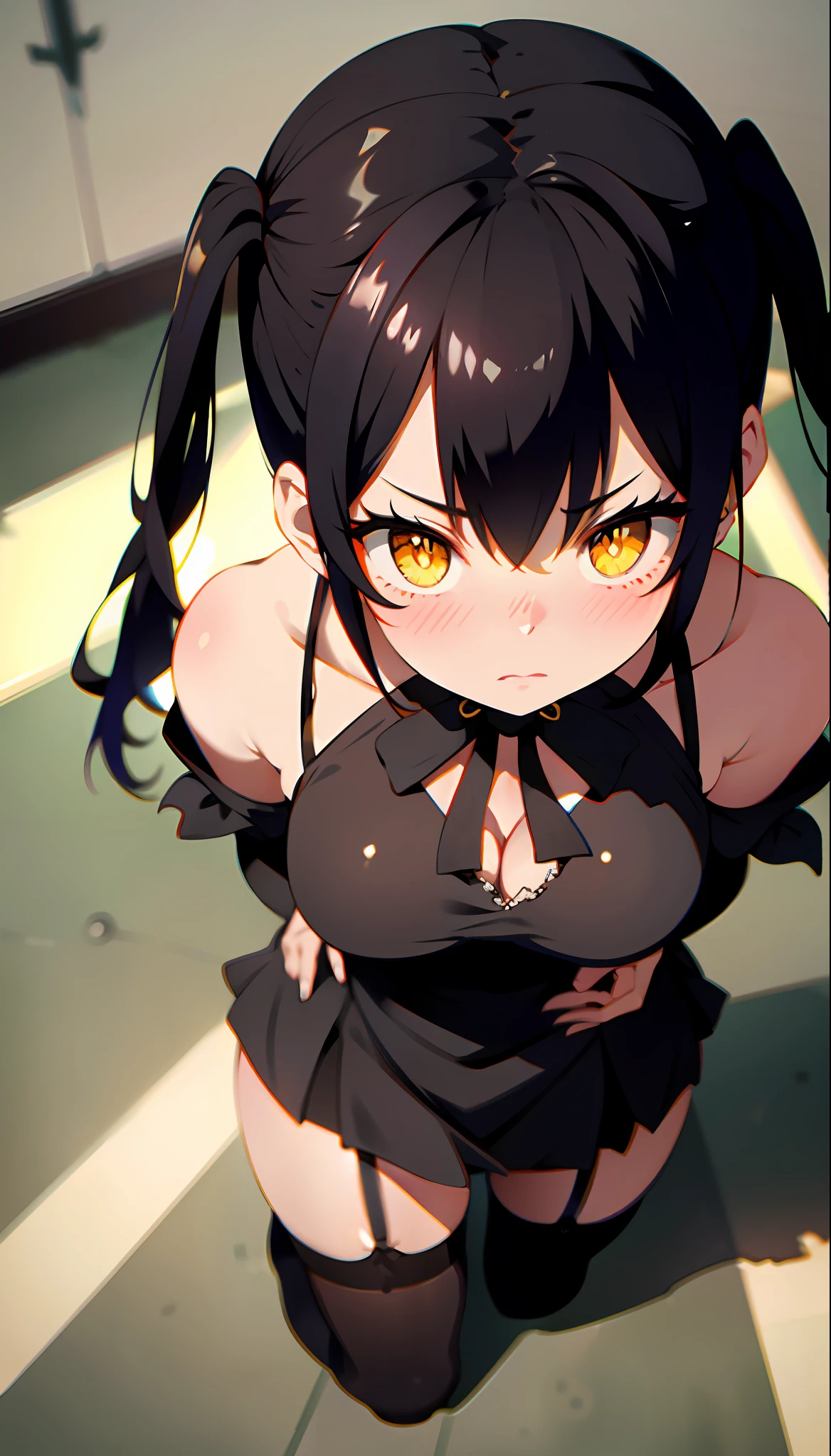 Maid outfit, standing, from above, looking at viewer, face focus, shy, bashful, yellow eyes, glowing eyes, Sexy, from above, facing viewer, face close up, yellow eyes, black hair, twintail, busty, solid background, full body, 8k, absurd quality, beautiful face, hands out of frame,absurd res, high res, (masterpiece:1.4), ultra-detailed, 1girl, from front, jumping, stockings, black hair, heart shape eyes, yellow eyes, garter belt, yandere, twintail, solid background, black dress