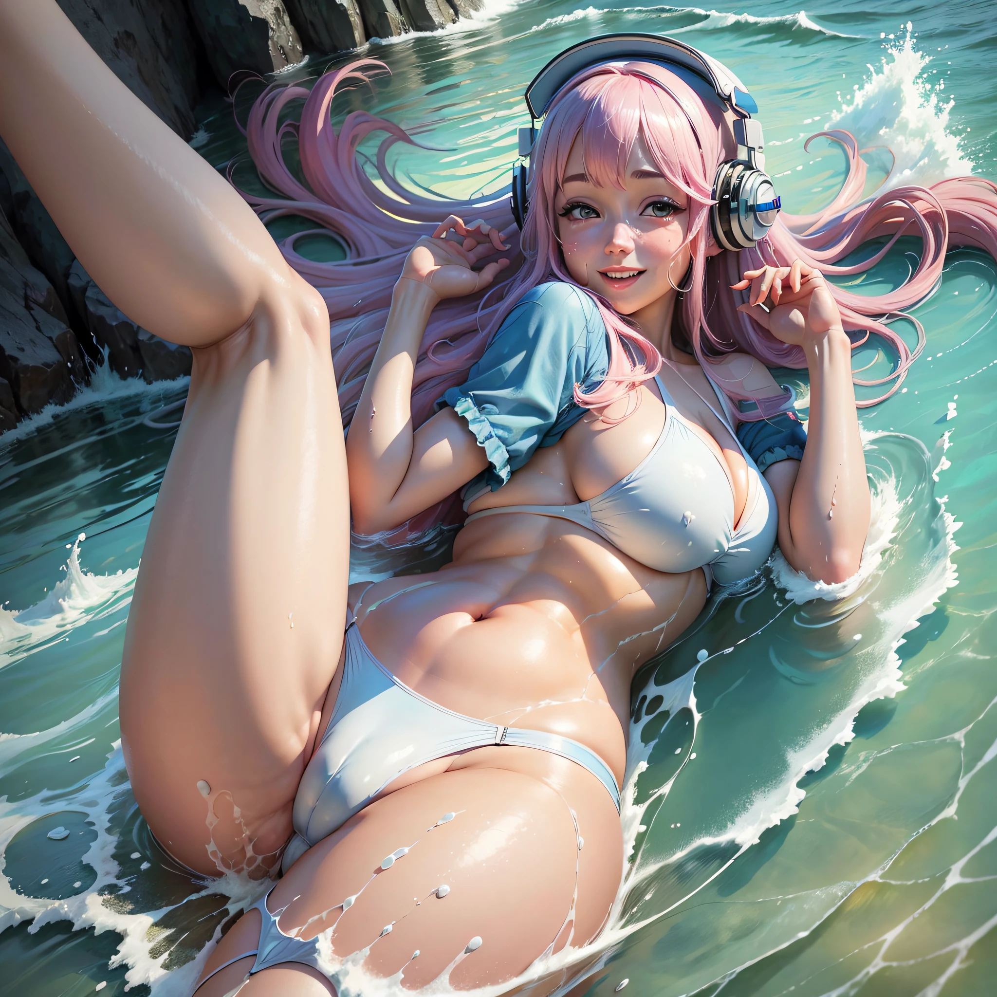 High definition, photorealistic, realistic blue sky, realistic ocean, super_sonico, alone, big, big ass, plump thighs, white high-leg bikini, wet skin, wet crotch, smile, droopy eyes, big eyes, light pink hair, white skin, dazzling sunlight, open legs pose, wet crotch --auto --s2