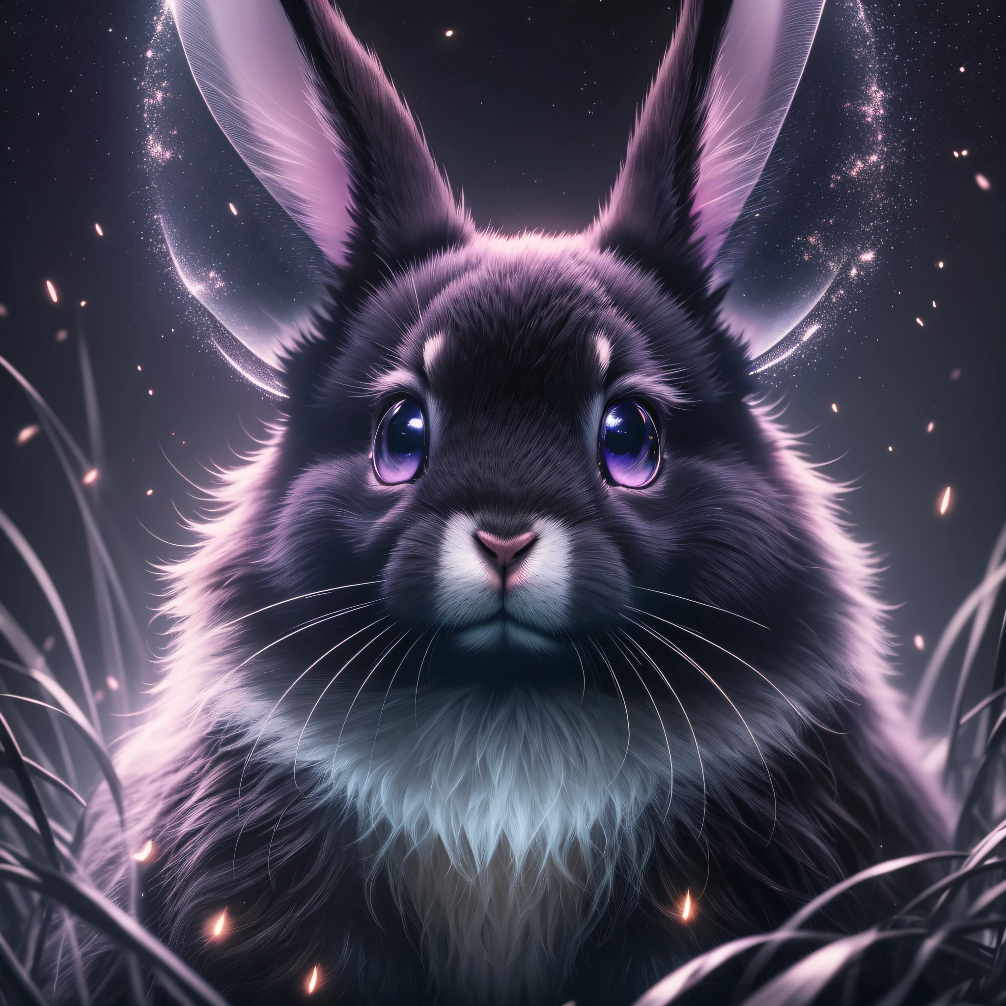 Black, Night, Rabbit Close-up, Fluorescent Bunny, Glowing Lop Rabbit, Furry, Night, Firefly, Volume Mist, Halo, Bloom, Dramatic Atmosphere, Center, Rule of Thirds, 200mm 1.4f Macro Shot