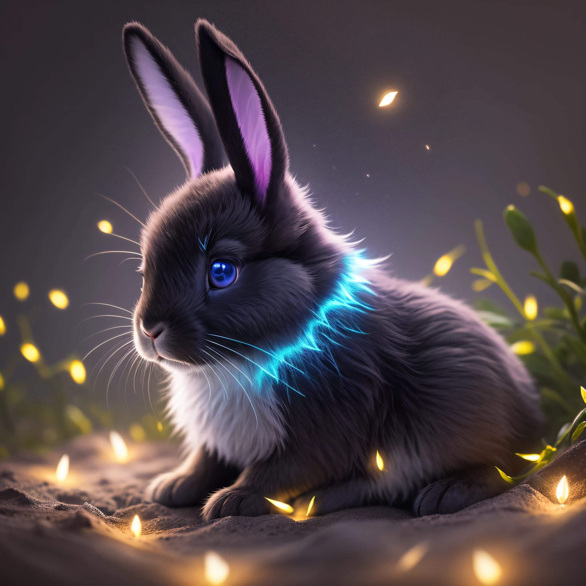 Black, Night, Rabbit Close-up, Fluorescent Bunny, Glowing Lop Rabbit, Furry, Night, Firefly, Volume Mist, Halo, Bloom, Dramatic Atmosphere, Center, Rule of Thirds, 200mm 1.4f Macro Shot