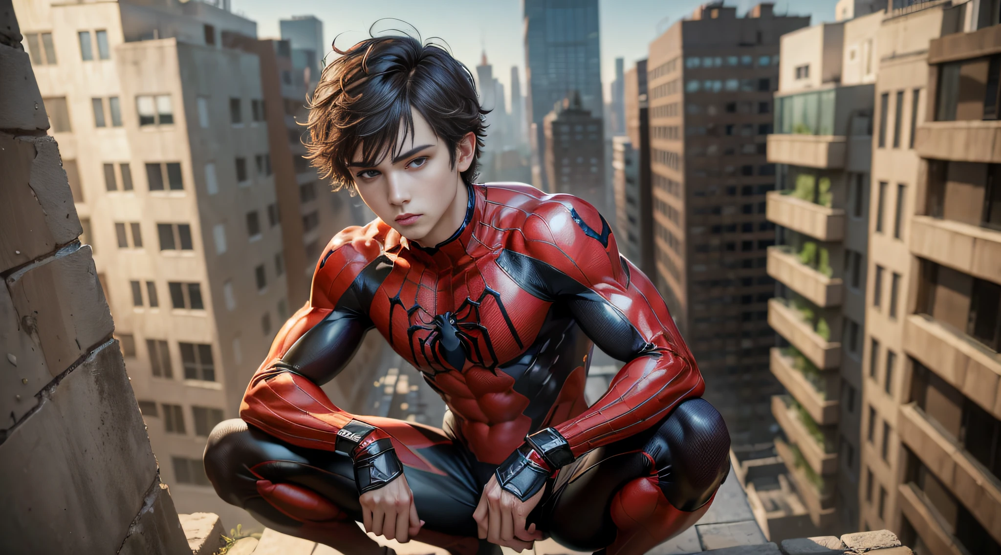 (masterpiece, best quality:1.2), solo, male focus, 1boy, expressionless, looking at viewer, squatting, short hair, (streaked hair:1.1), red eyes, spider suit, spider web print, spider web, rooftop