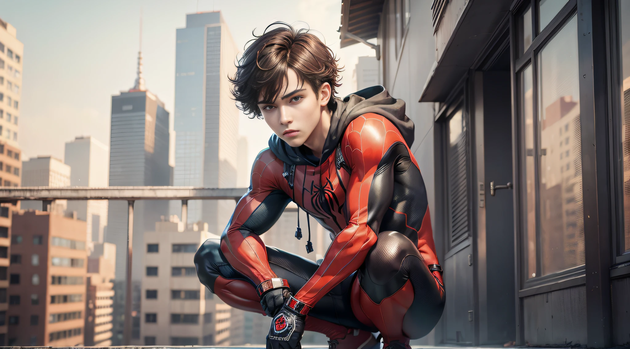 (masterpiece, best quality:1.2), solo, male focus, 1boy, expressionless, looking at viewer, squatting, short hair, (streaked hair:1.1), red eyes, spider suit, spider web print, spider web, rooftop