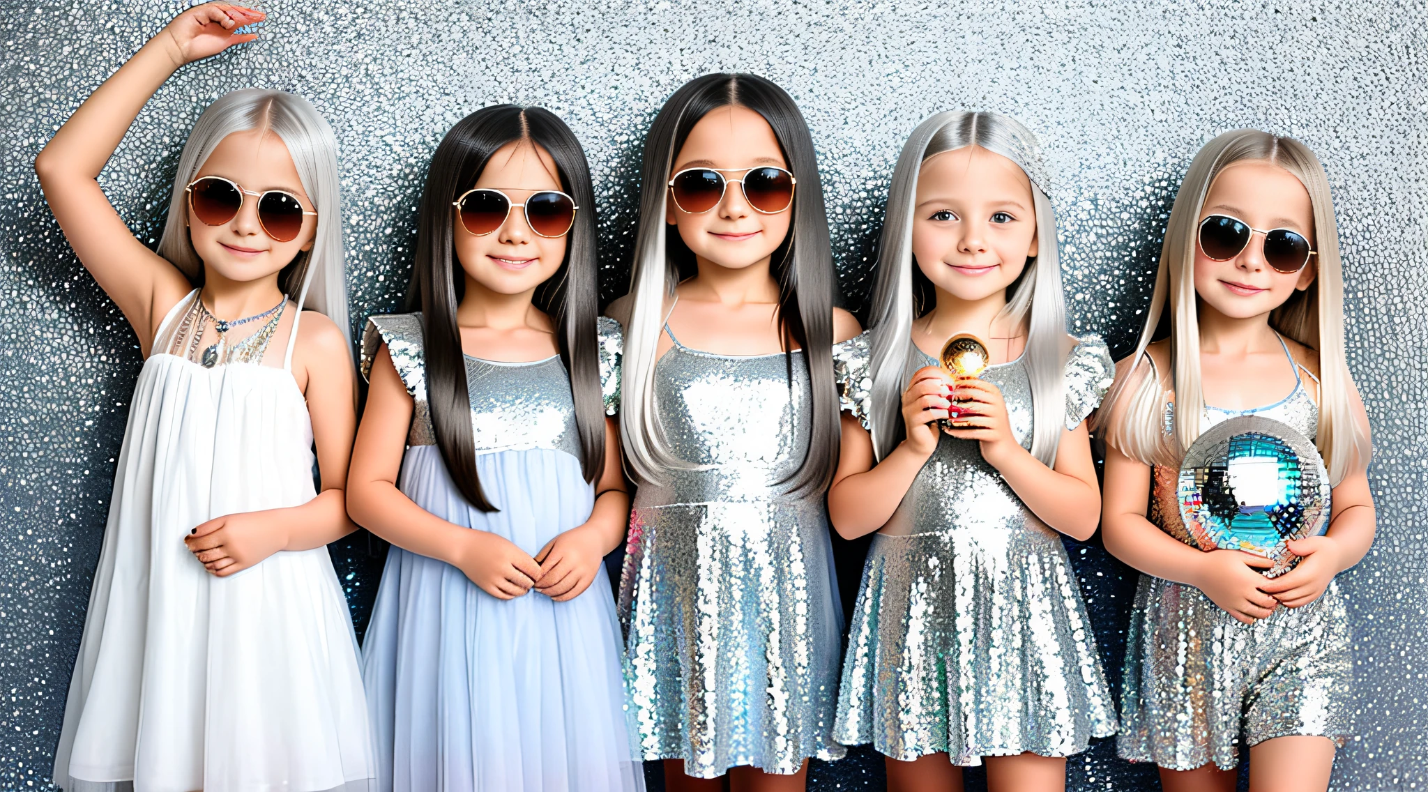 3 girlsRussian children with 10 years old, WITH LONG STRAIGHT HAIR, PORTRAIT STYLE, sunglasses holding a disco ball, silver hair, disc smile,