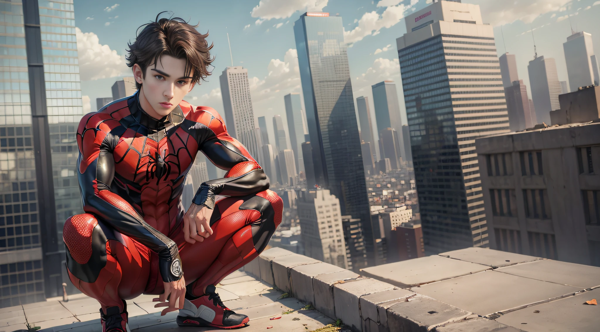 (masterpiece, best quality:1.2), solo, male focus, 1boy, expressionless, looking at viewer, squatting, short hair, (streaked hair:1.1), red eyes, spider suit, spider web print, spider web, rooftop
