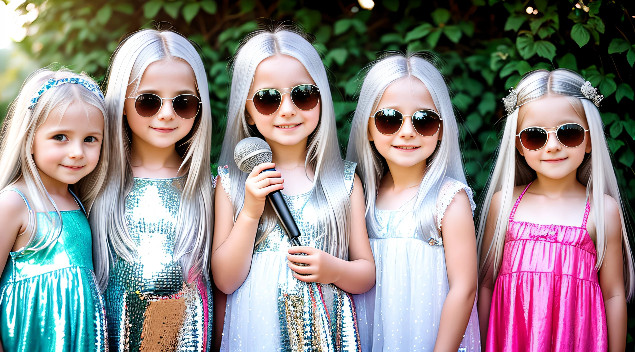 3 girlsRussian children with 10 years old, WITH LONG STRAIGHT HAIR, PORTRAIT STYLE, sunglasses holding a disco ball, silver hair, disc smile,