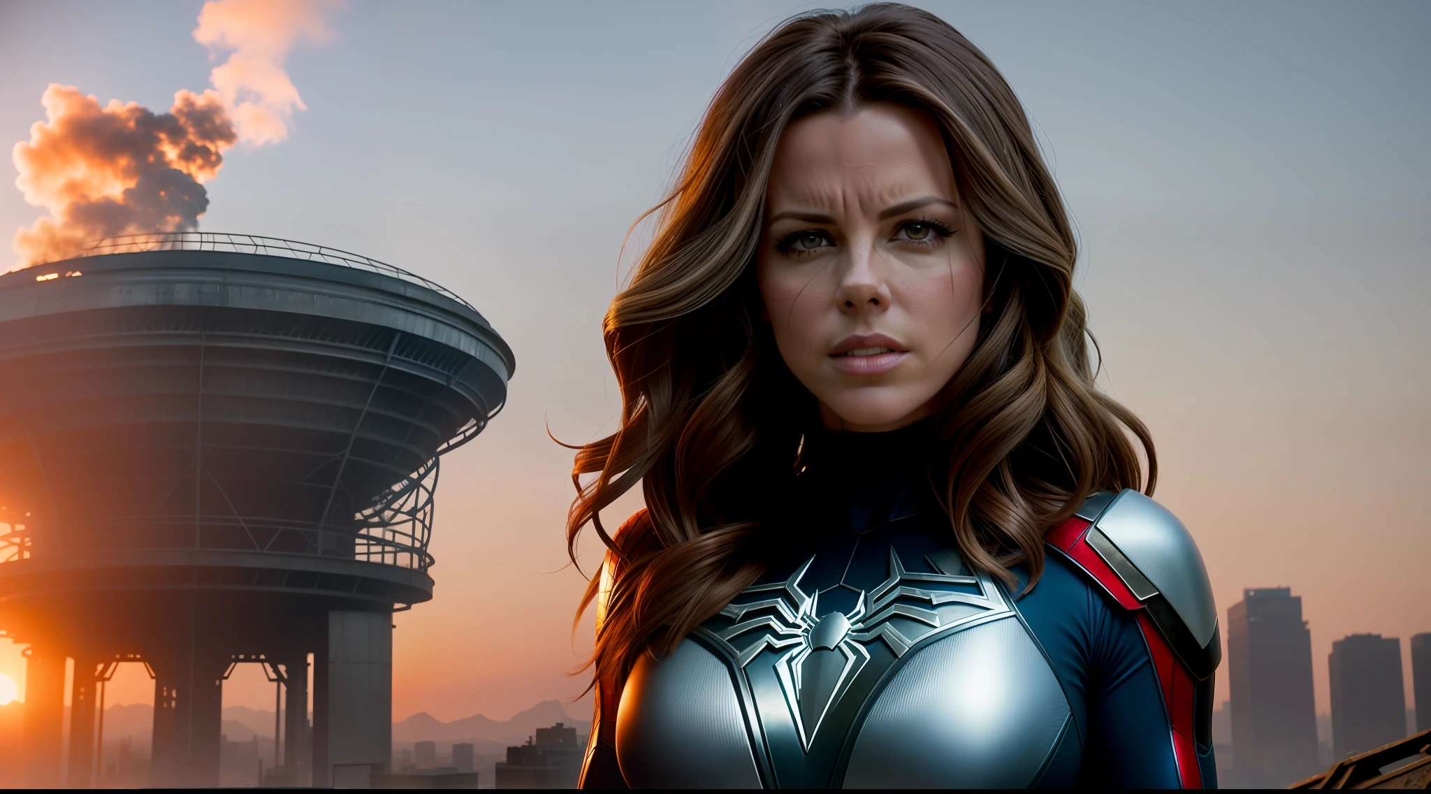 Kate Beckinsale in detailed metal Spider-Man costume, photo of sassy woman with angry look, large breasts, superhero pose, standing in ruined city at sunset, hyperdetailed, smoke, sparks, sunlight, (8k), realistic, symmetrical, award-winning, cinematic lightning, soaked, film, 75mm, scratches, full body shot, close-up, torn and dirty clothes, detailed face,