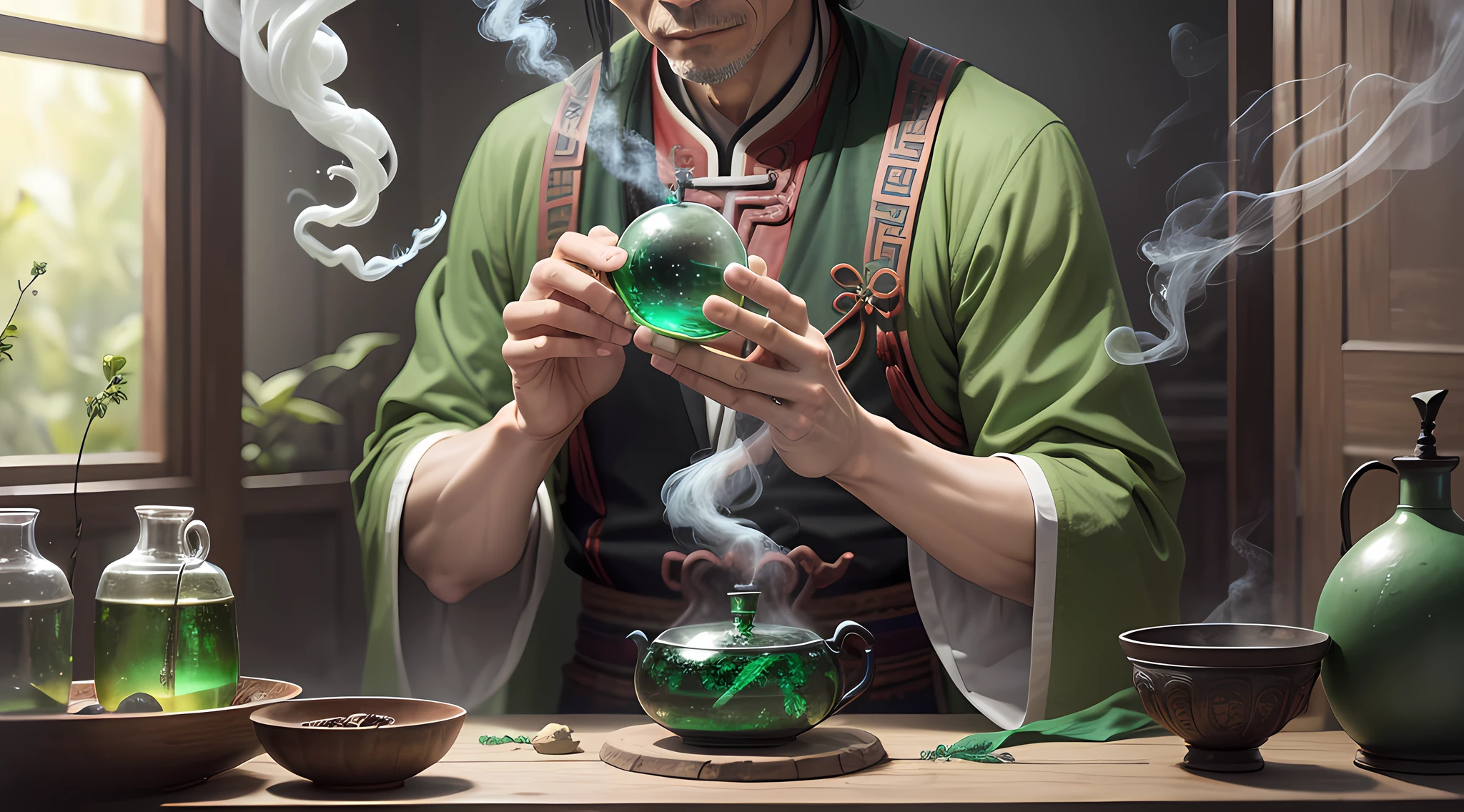 An award-winning photograph reveals an ancient Chinese medicine practitioner. His hands emit a healing emerald smoke that infuses the herbal concoction, causing it to bubble softly and release a therapeutic fragrance that permeates the room