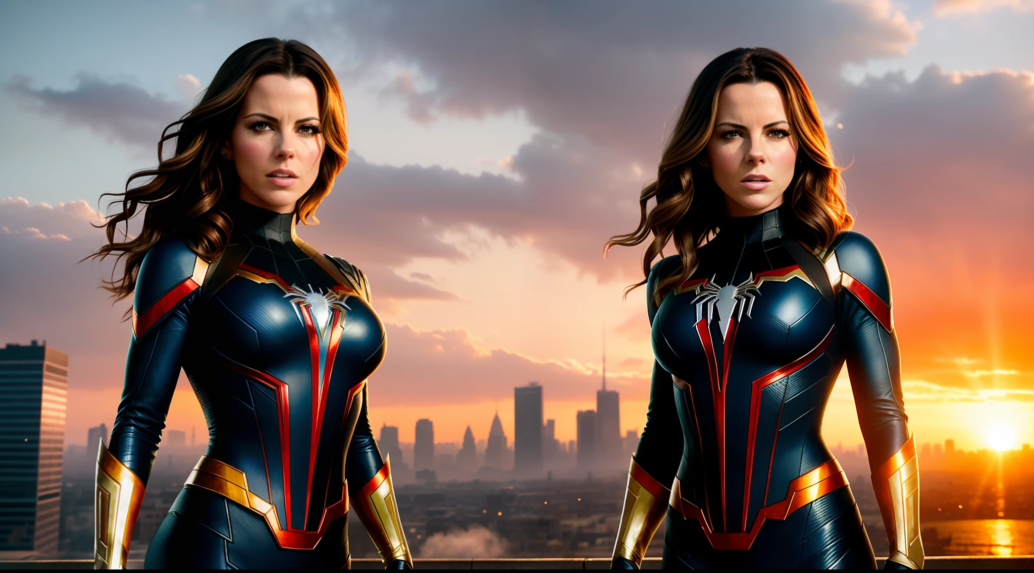 Kate Beckinsale in detailed metal Spider-Man costume, photo of sassy woman with angry look, large breasts, superhero pose, standing in ruined city at sunset, hyperdetailed, smoke, sparks, sunlight, (8k), realistic, symmetrical, award-winning, cinematic lightning, soaked, film, 75mm, scratches, full body shot, close-up, torn and dirty clothes, detailed face,