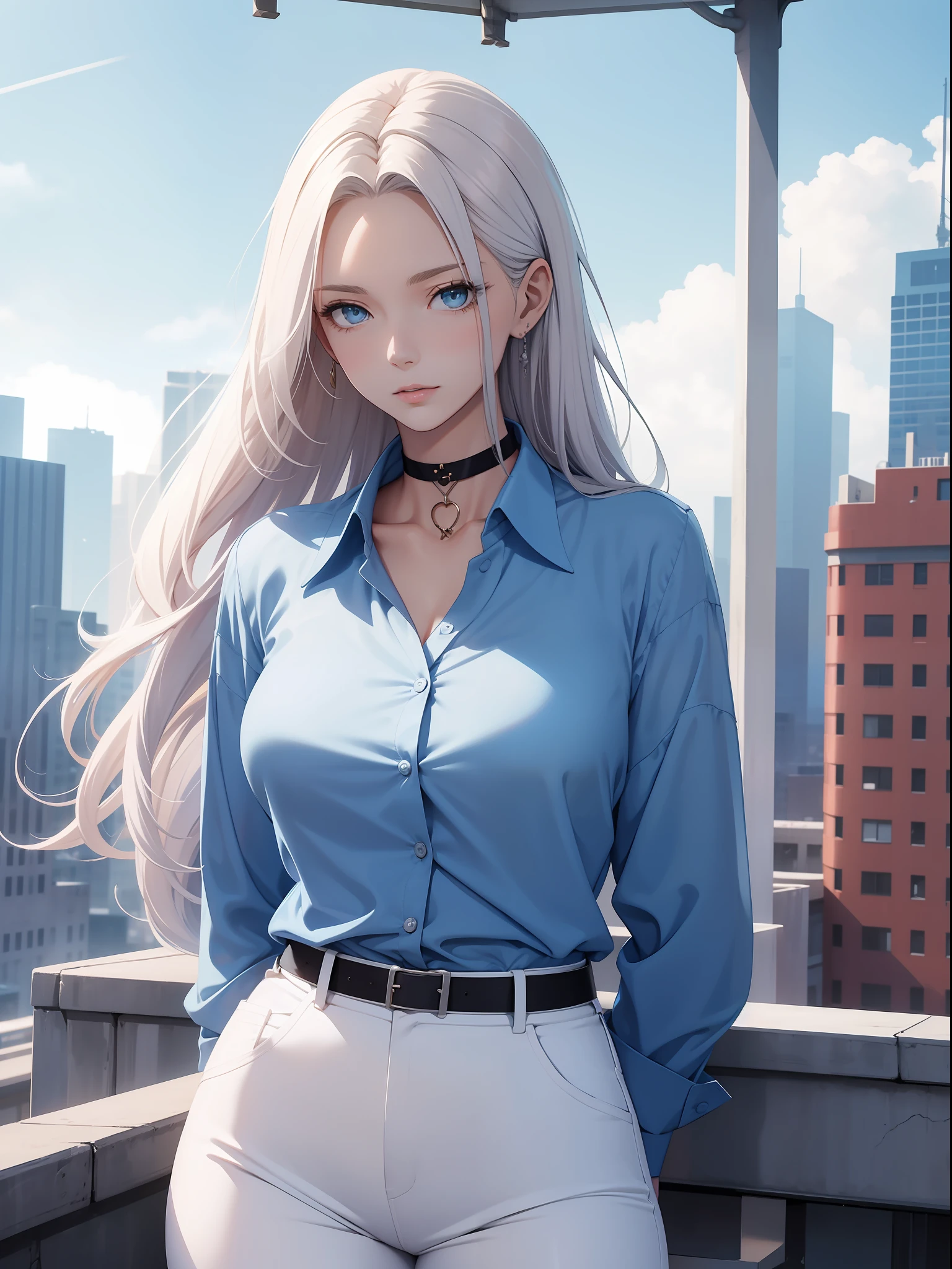 best quality. masterpiece, beautiful tall woman, formal sky blue shirt, choker, long hair, white pants, rooftop