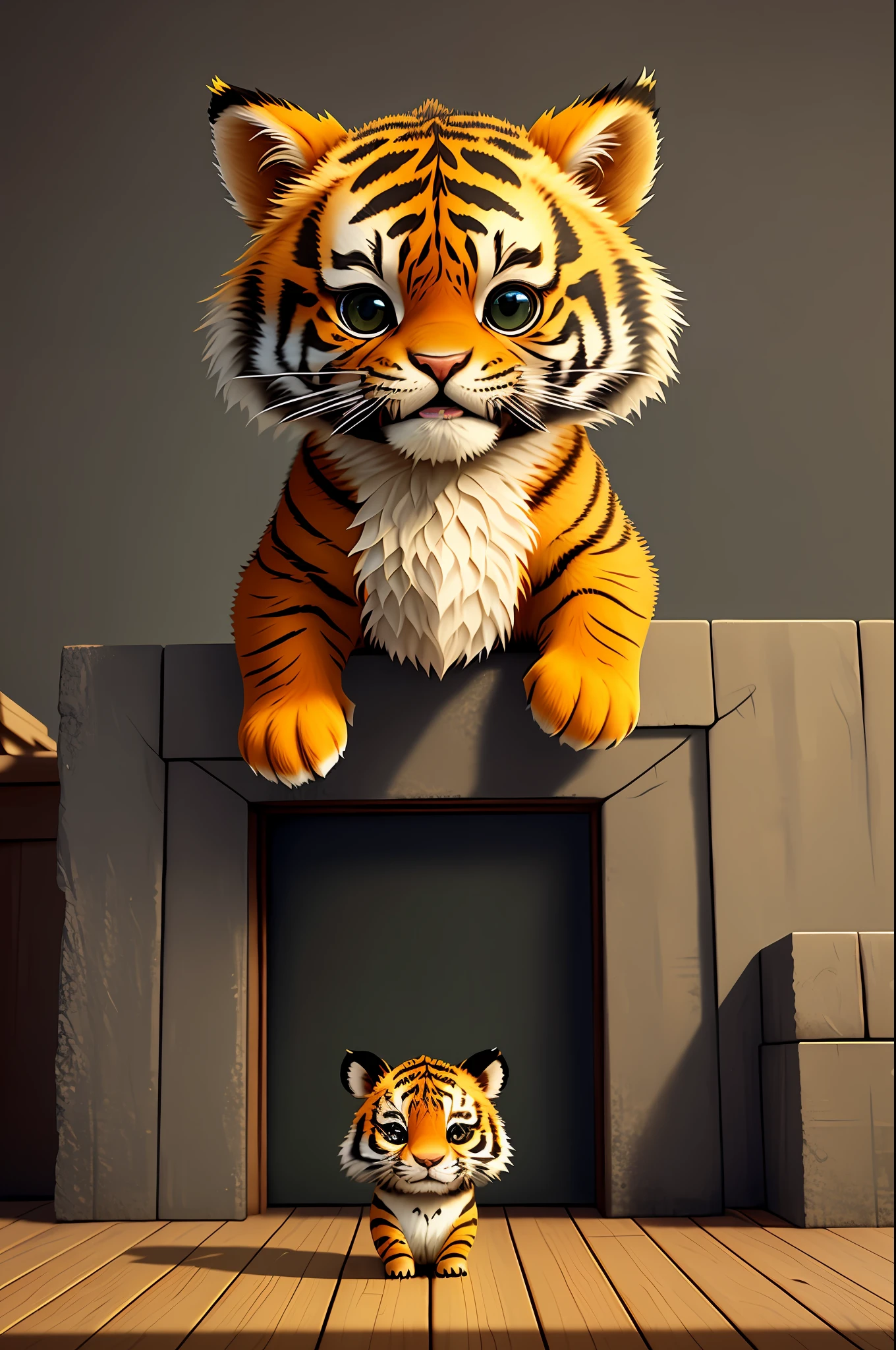 Adorable cute little tiger greets me with a wave and smile, unreal engine, cozy interior lighting, art station, detailed digital painting, film, character design by mark ryden and pixar and Hayao Miyazaki, unreal 5, daz, surrealism , octane rendering, 3DMDT1