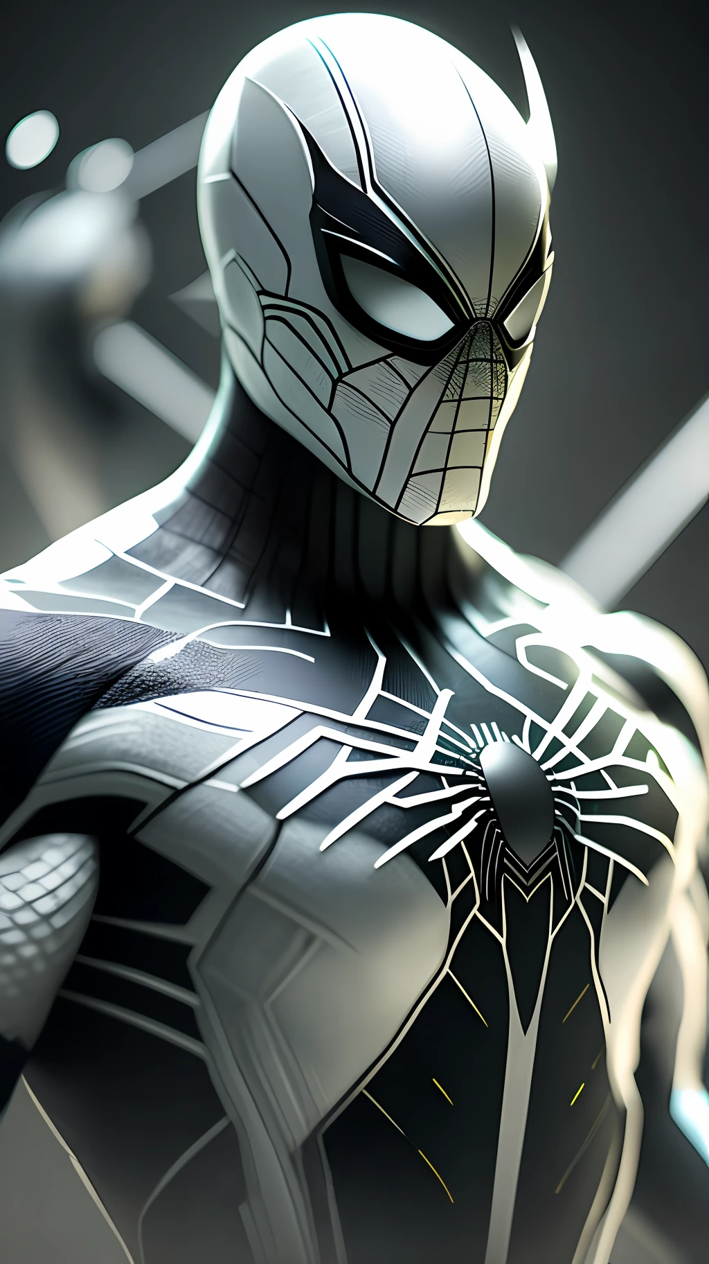 (8k, foto RAW, melhor qualidade, obra-prima: 1.2), ultra detalhado, arte oficial, foto-realista: 1.37, spider man, black suit, spider in the center of your chest in white, organic looking clothing, gooey testura, symbiote, white eyes, fine art, PS5 cinematic screenshot,highly detailed detailed cinematic rendering, ultra photorealistic raytricing, with cinematic lightingpose de ação