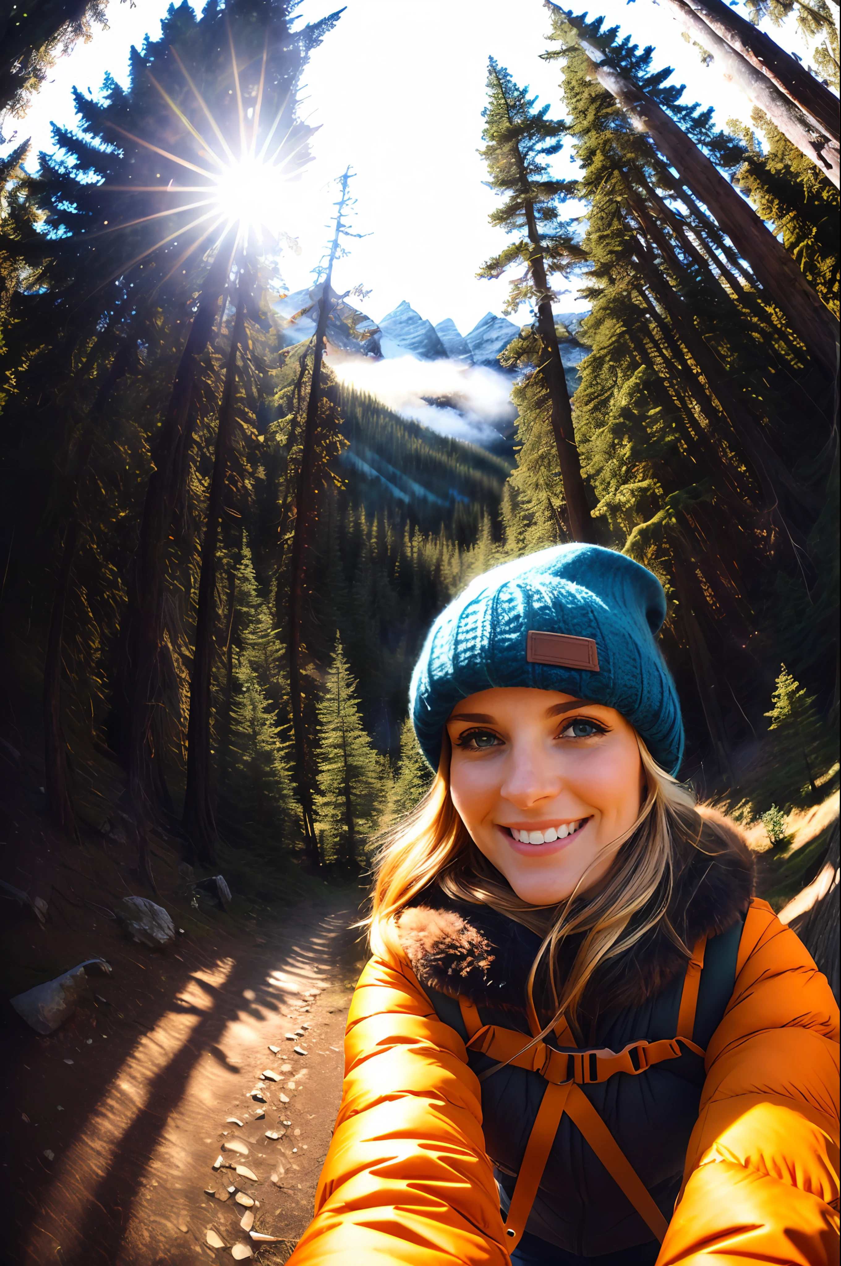 1 woman ((upper body selfie, happy)), masterpiece, best quality, ultra-detailed, earth, outdoor, (night), nature, (stars, moon) cheerful, happy, backpack, sleep bag, camping stove, water bottle, mountain boots, gloves, sweater, hat, lantern, forest, stones, river, wood, smoke, shadows, contrast, clear sky, style, (warm shade, warm tone)
