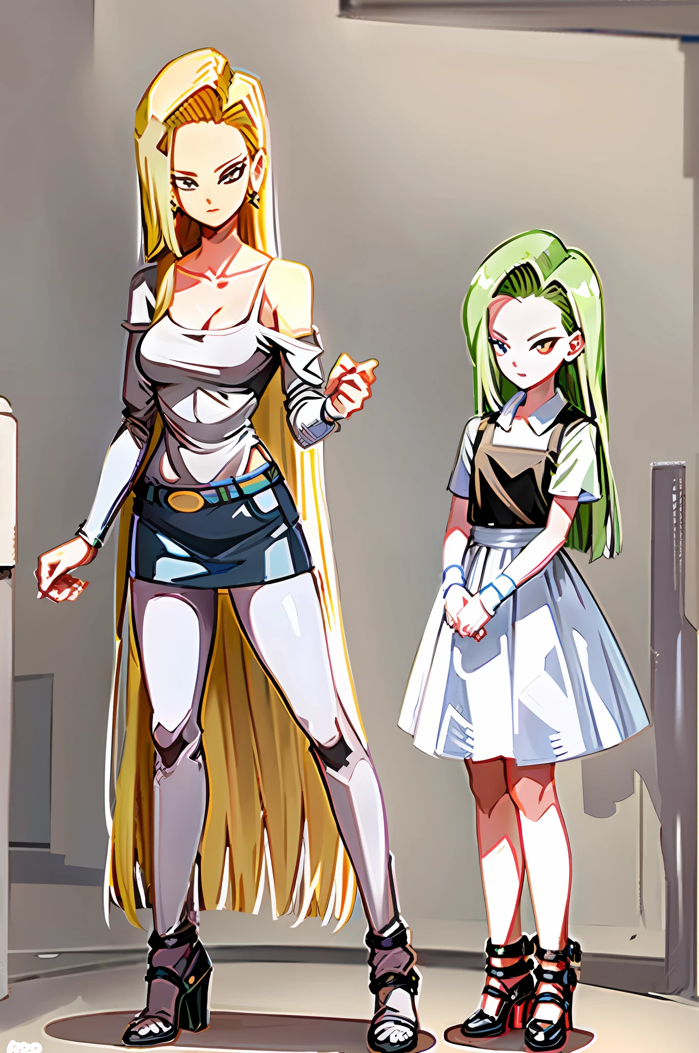 Android 18 with very long hair, wearing a top and high heeled shoes, with his daughter.