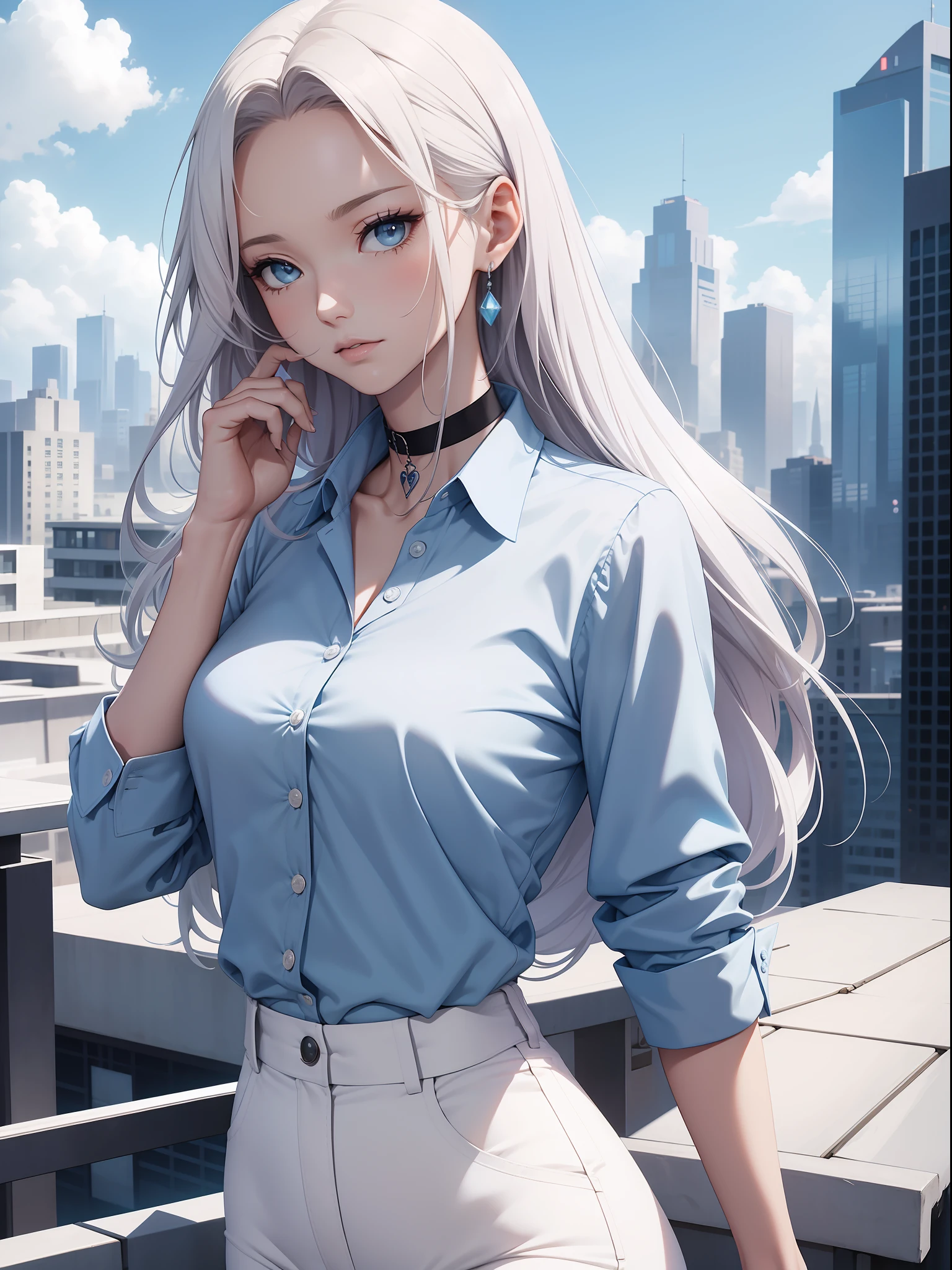 best quality. masterpiece, beautiful tall woman, formal sky blue shirt, choker, long hair, white pants, rooftop