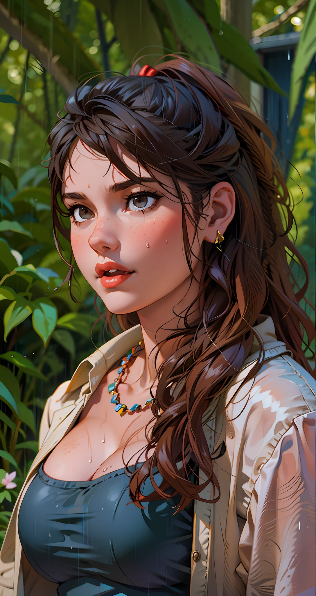 a hyper-realistic portrait of a young woman, half asleep, under a tree, inside a forest, lots of rain, in the middle of nature, 22 years old, realistic, (lying on her side), she is wearing a red panties, (wearing minimal dress), sexy, (huge breasts 2:1), wet clothing, short brown hair, (hair tied with bows), curved, SFW