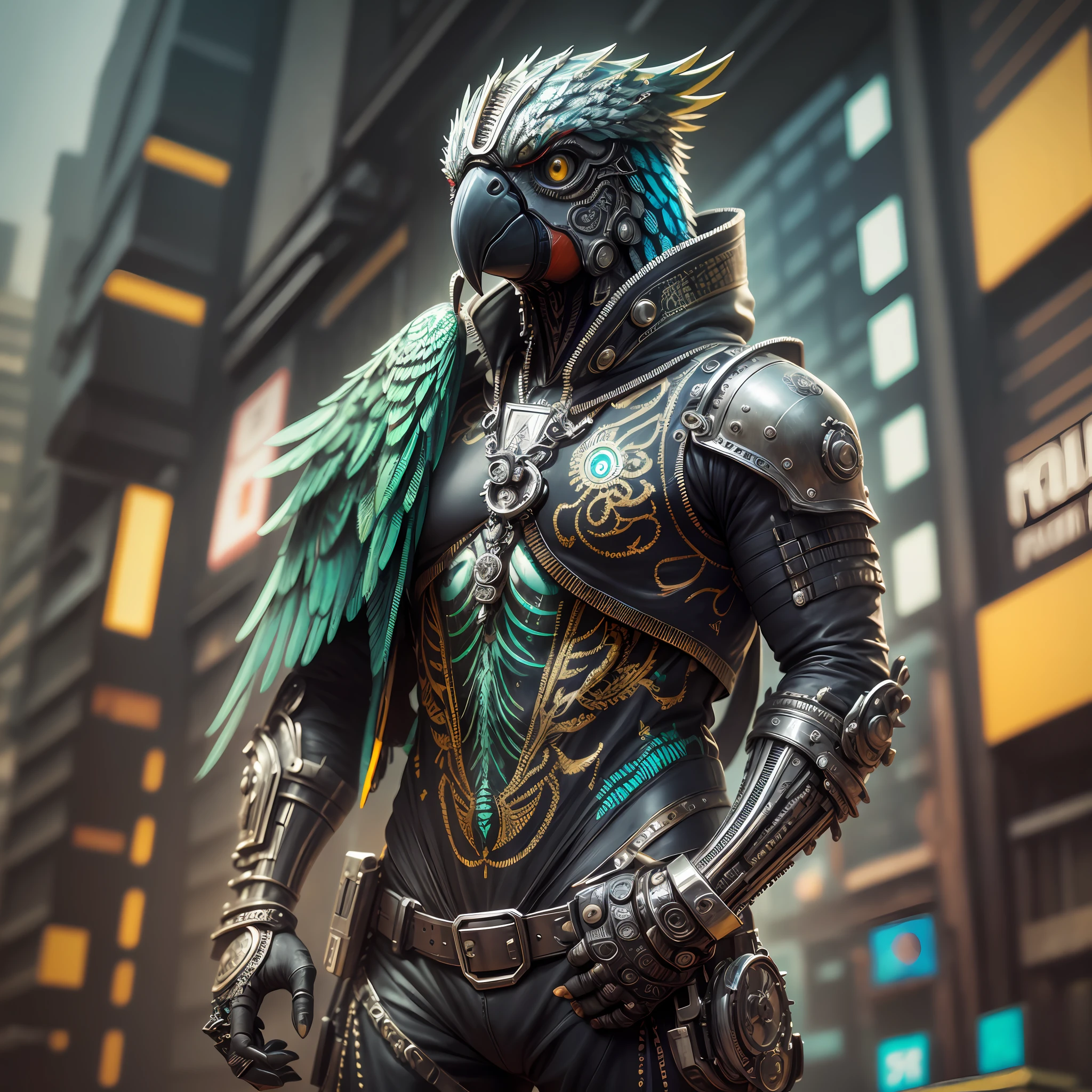 RAW photo, a cute parrot made out of metal, cyborg, cyberpunk style, ((intricate details)), hdr, ((intricate details, hyperdetailed)), cinematic shot, vignette, (high detailed skin:1.2), 8k uhd, dslr, high quality, film grain, Fujifilm XT3 --auto --s2