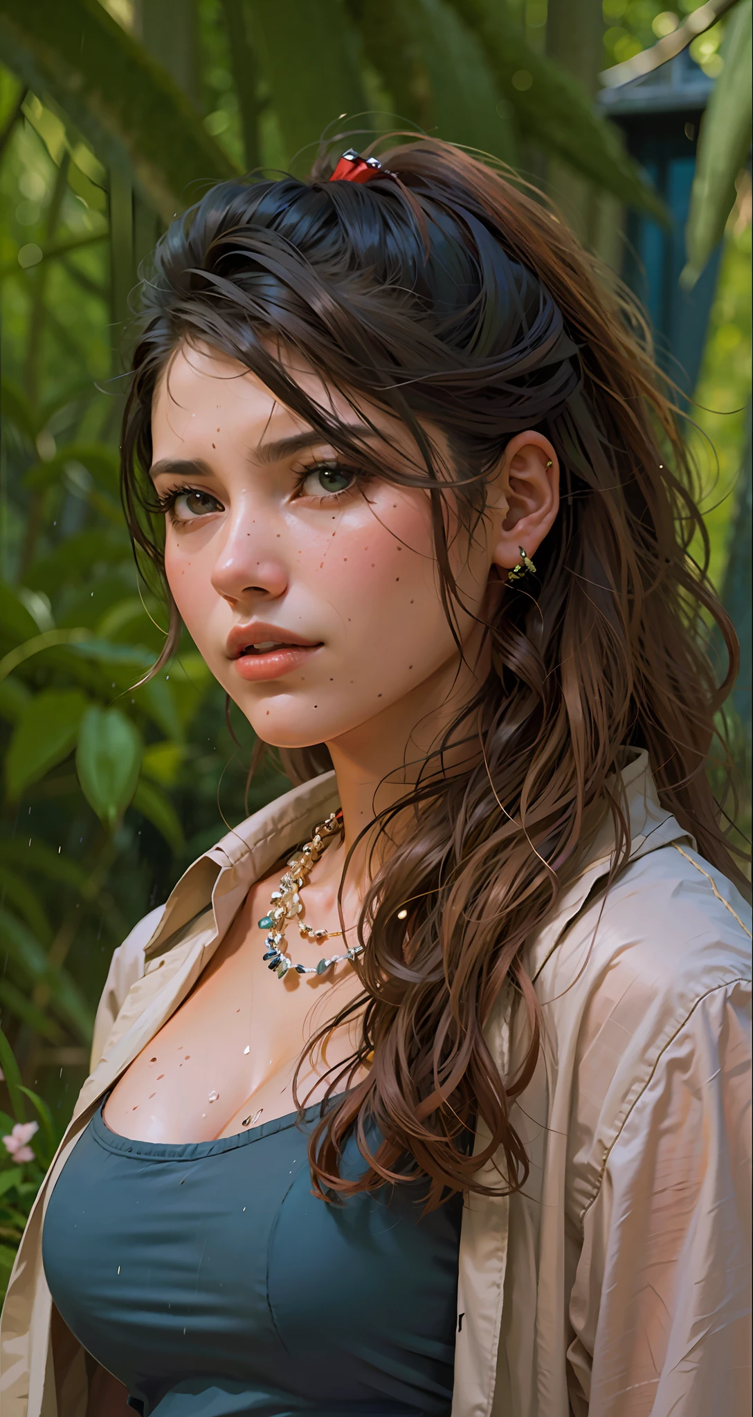 a hyper-realistic portrait of a young woman, half asleep, under a tree, inside a forest, lots of rain, in the middle of nature, 22 years old, realistic, (lying on her side), she is wearing a red panties, (wearing minimal dress), sexy, (huge breasts 2:1), wet clothing, short brown hair, (hair tied with bows), curved, SFW