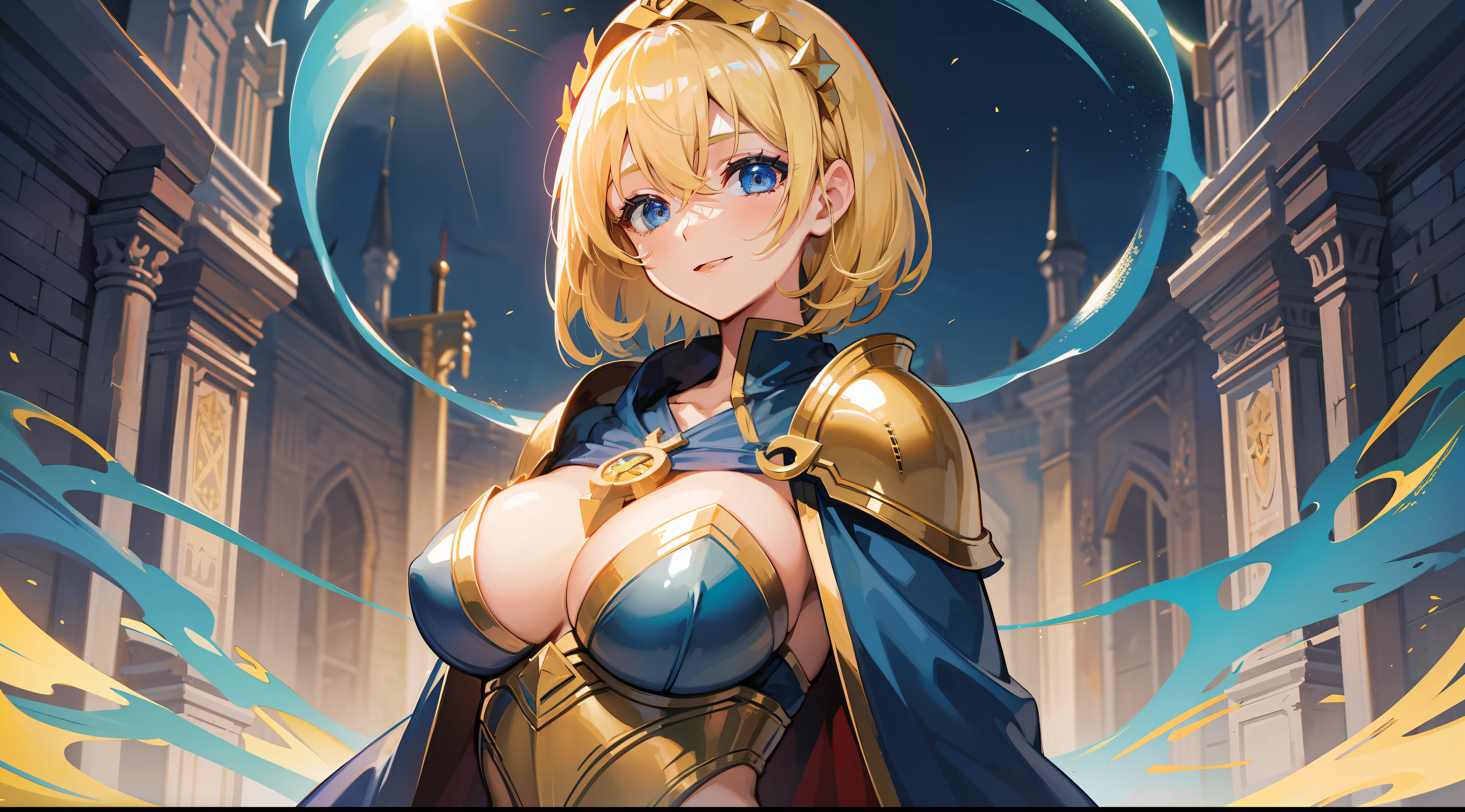 a girl, cleric, blonde, short hair, bright blue eyes, beautiful breasts, hair between eyes, bangs, full body, confident, heroic posture, smiling, dark blue and gold robe, fantasy, medieval, rays of sun