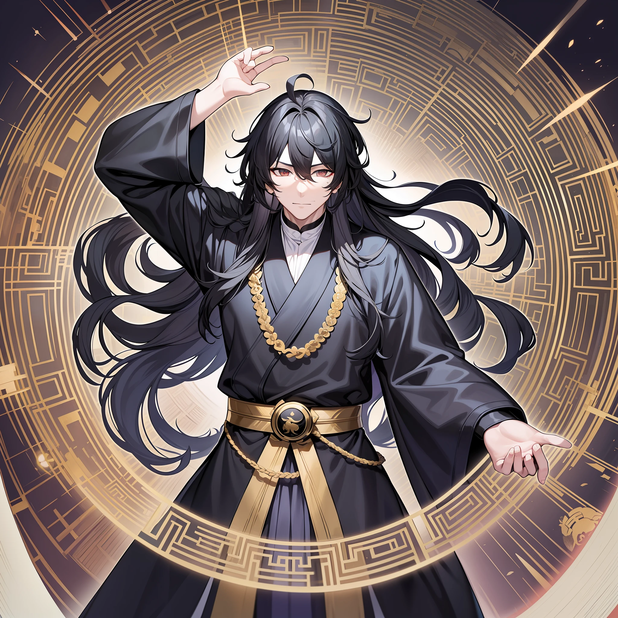 In this vast and ancient dojo, a handsome black long-haired costume Taoist priest appears in the center of the picture.
He wears a black robe with a gold belt around his waist and black boots. Long hair casually draped over the shoulders, revealing a good-looking face, facial features are cut, the face is flawless, the expression is not smiling, and he looks very proud and confident.
The entire picture uses black, white and gray tones, highlighting the mystery of this scene, as well as the mystery of this Taoist priest. The Taoist priest in the center of the painting calmly matches the surrounding environment, showing a sense of serenity of the ages, which maximizes the mystery of the entire painting.
Through his image, this Taoist priest shows an aura that transcends the ordinary, his eyes are deep and full of wisdom, fully expressing his traditional cultural connotation and educational accomplishment. His open-minded, detached, and confident temperament seems to be difficult for immortals to do.
The unique atmosphere and mystery of the whole picture make the picture exude an atmosphere beyond the ordinary, making people feel a mysterious, otherworldly and subtle feeling. At the same time, the picture also conveys an air of confidence and courage, especially against the background of this black and white color scheme, which is impressive.