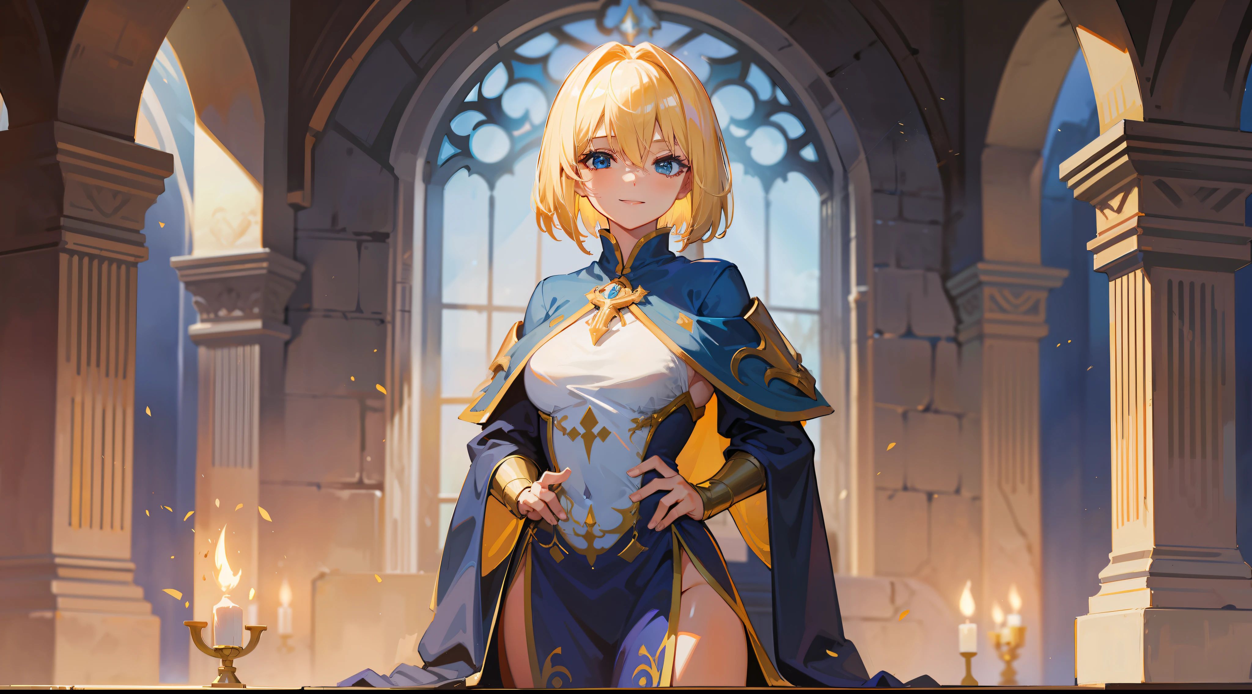 a girl, cleric, blonde, short hair, bright blue eyes, beautiful breasts, hair between eyes, bangs, full body, confident, heroic posture, smiling, dark blue and gold robe, fantasy, medieval, rays of sun