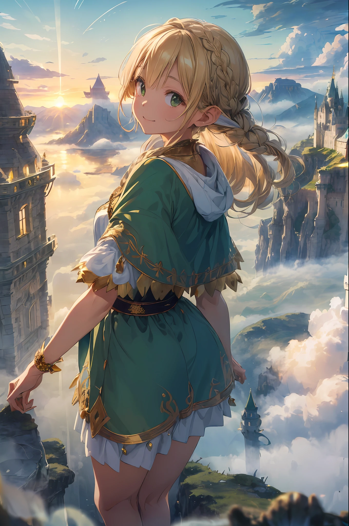 (((Masterpiece, Best Quality, High Definition, High Detail)))), ((Fantasy)), One, (Elf Queen)))), (White Short Skirt with Gold Embroidery), (Blonde Long Braid Hair), (Glossy Dark Green Big Eyes), Long Cloak Thick Large to Hide Mouth, (Green Surcoat with Gold Embroidery), Big, Smile, (High Mountain Peak)))), (((Castle in the Sky) )), (((((Sea of Clouds below)))), (crystal clear sky), (sunrise), breeze, lots of light grains flying, dynamic angle, from behind