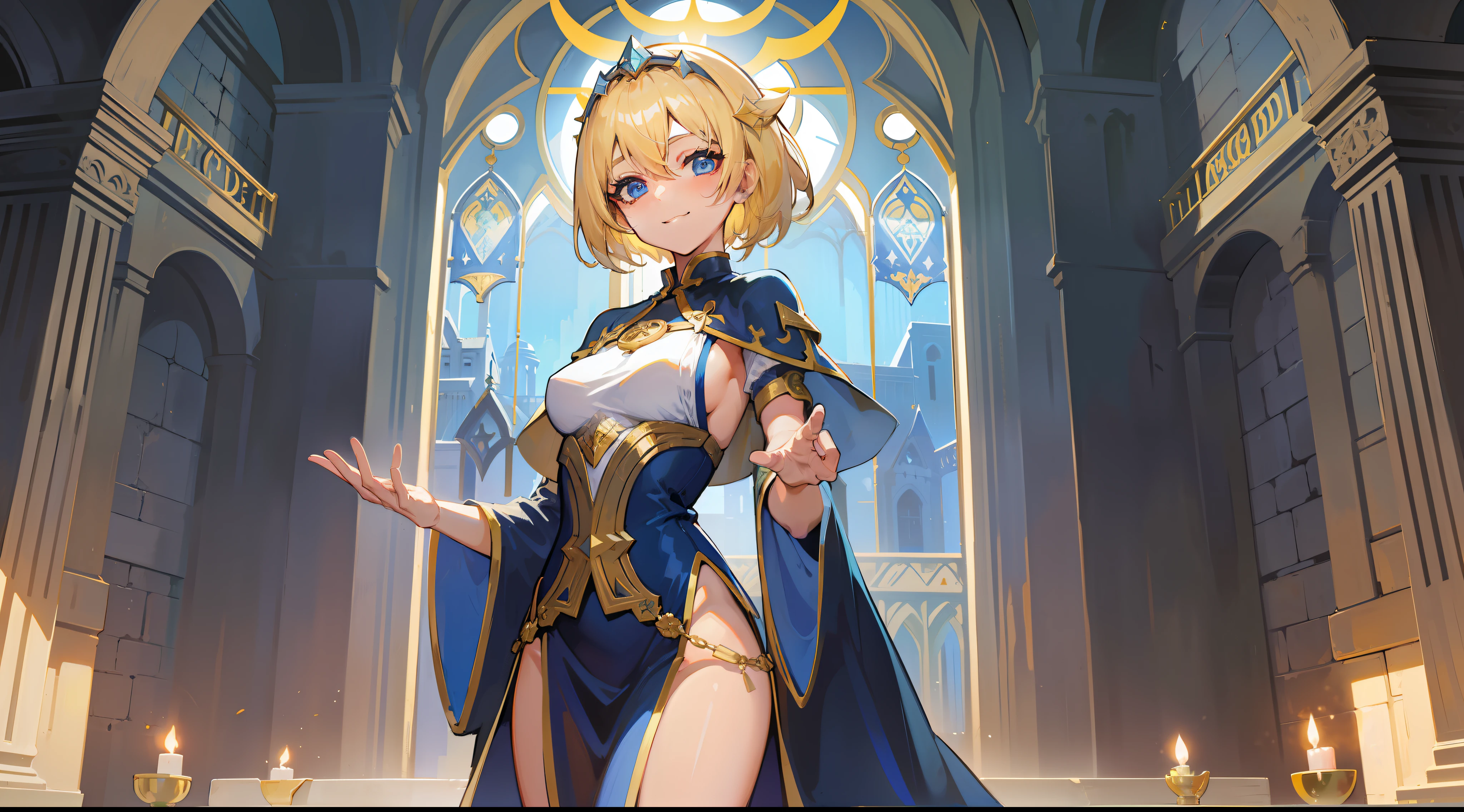 a girl, cleric, blonde, short hair, bright blue eyes, beautiful breasts, hair between eyes, bangs, full body, confident, heroic posture, smiling, dark blue and gold robe, fantasy, medieval, rays of sun
