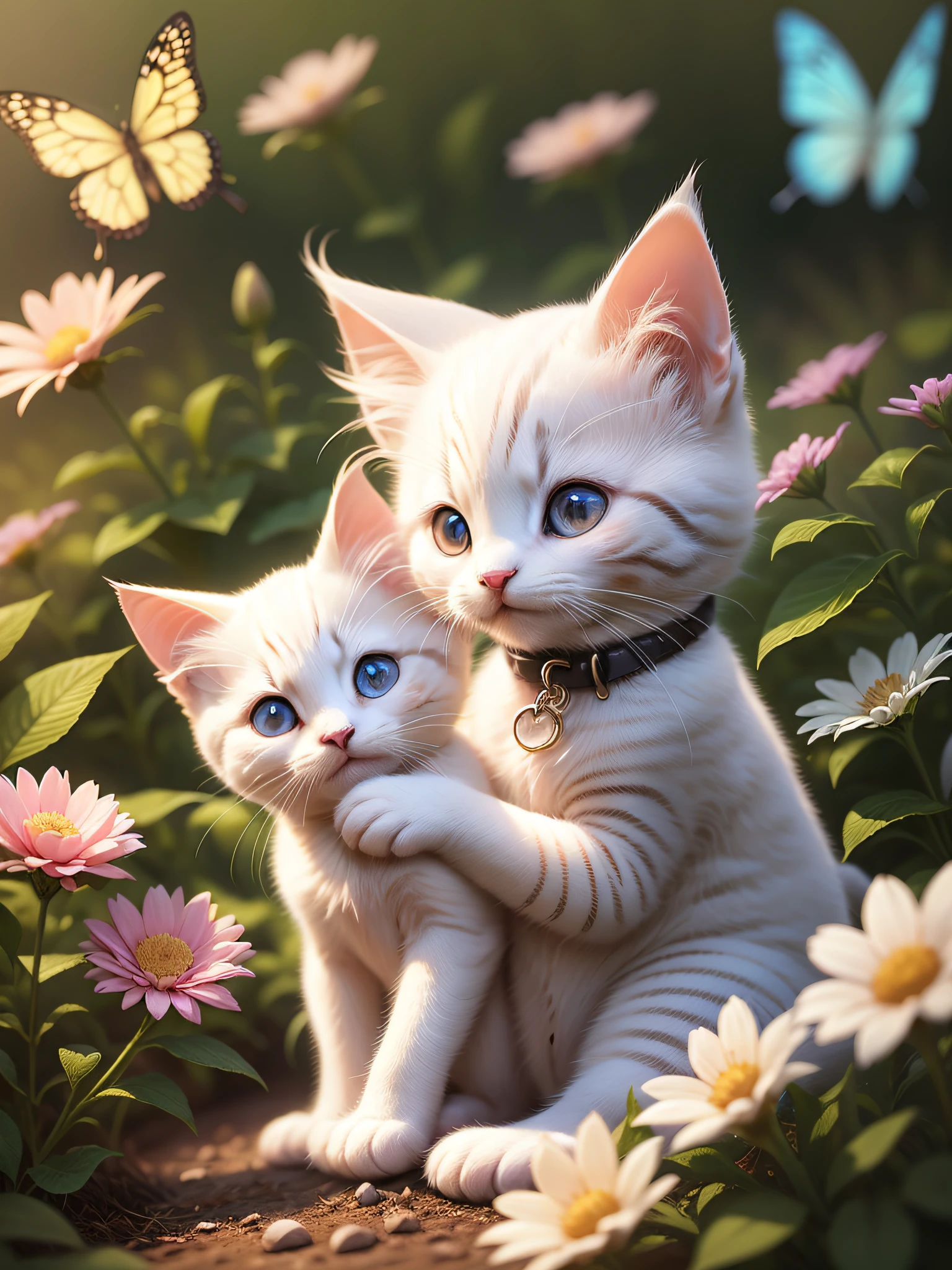 A healing smile cute white kitten is playing in the flower bed, this is a high-definition digital painting, this is a digital artwork, cute, warm, next to bright butterflies flying around the kitten, the background flashes with light points to give a surreal feeling, you can hold flowers, the hair has a 3D texture highlight, the kitten has a three-dimensional sense, and the neck has ornaments