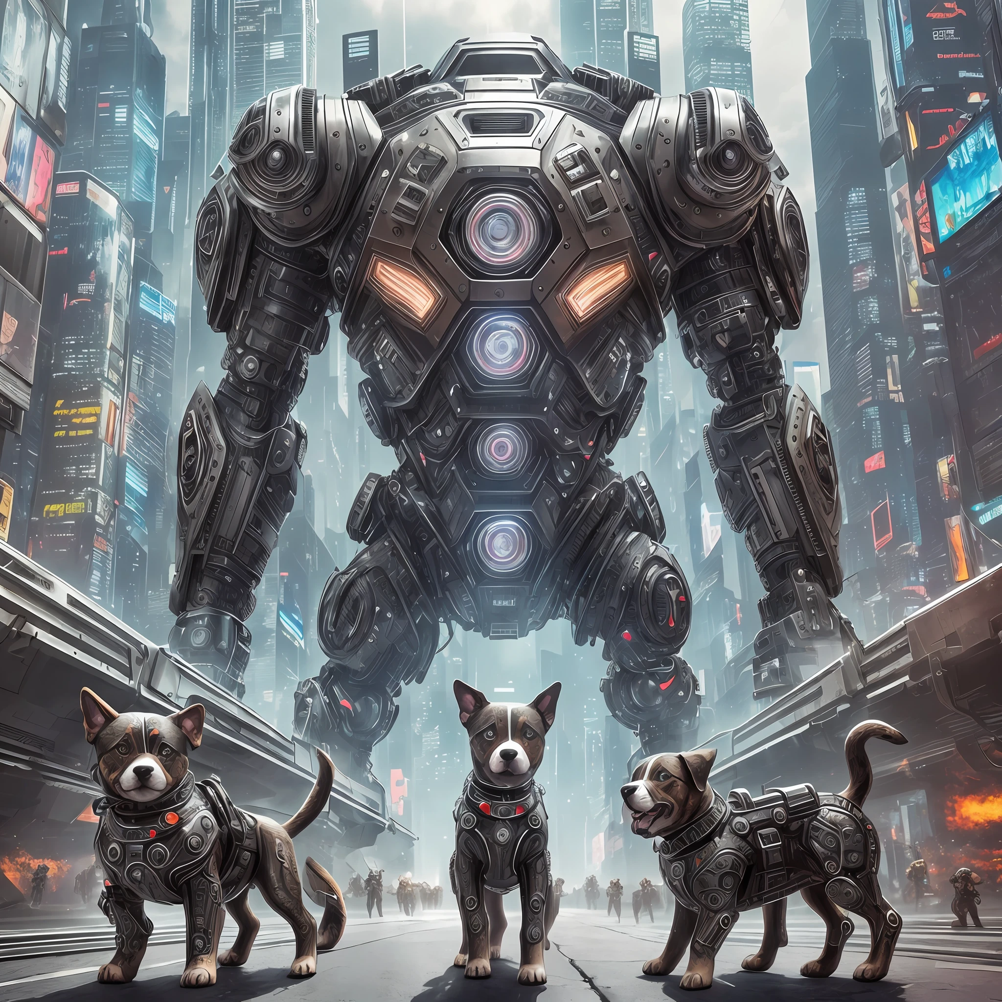 RAW photos, cute puppies made of metal, cyborgs, cyberpunk style, ((intricate detail)), defending the earth, hdr, ((intricate detail, hyperdetail)), cinematic shots, vignetting, (high detail skins:1.2), 8k uhd, dslr, high quality, film grain, Fujifilm XT3 --auto --s2