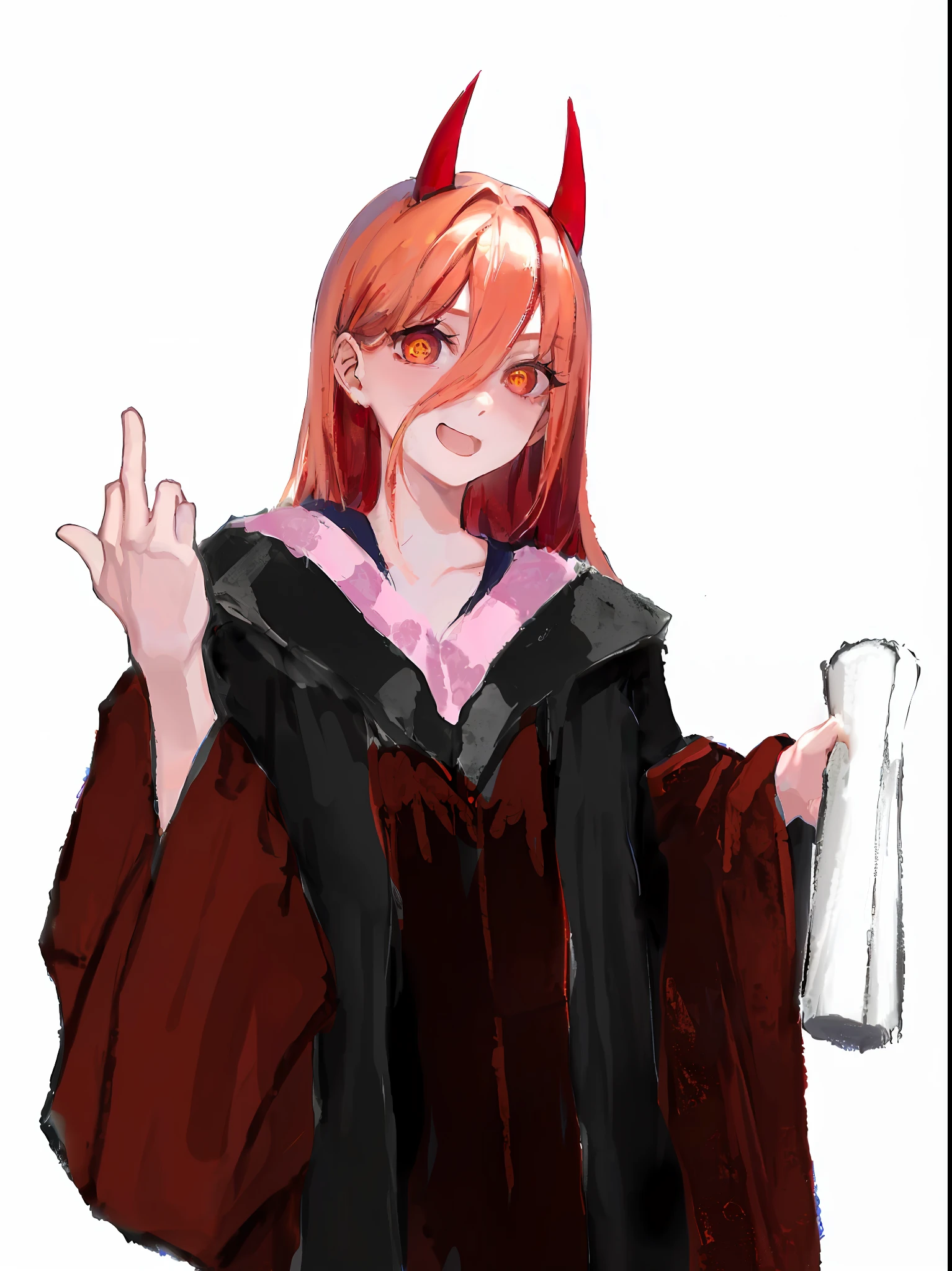 (Winning painting: 1.3) Power \ (Chainsaw Man), Best Quality, Super Detailed, 1 Girl, Solo, Standing, Redhead, 1 Long Braided Hair, Blonde Eyes, Bangs, Medium Tits, black Bachelor Dress, Gaze, Smile, (Evil: 1.2), Looking at the Audience, (Interview: 1.3), (Dark Black Background), Black Pants, (Ring Eyes), Best Quality, Ultra High Resolution, 1 Woman, (Masterpiece, Side Light, Beautiful Eyes: 1.2), Shiny Skin, Glowing Eyes, shiny hair, 2 arms, painting, portraitpink_theme, pill, heart-shaped pupils, detailed wallpaper, looking at the audience, 1 girl, solo,