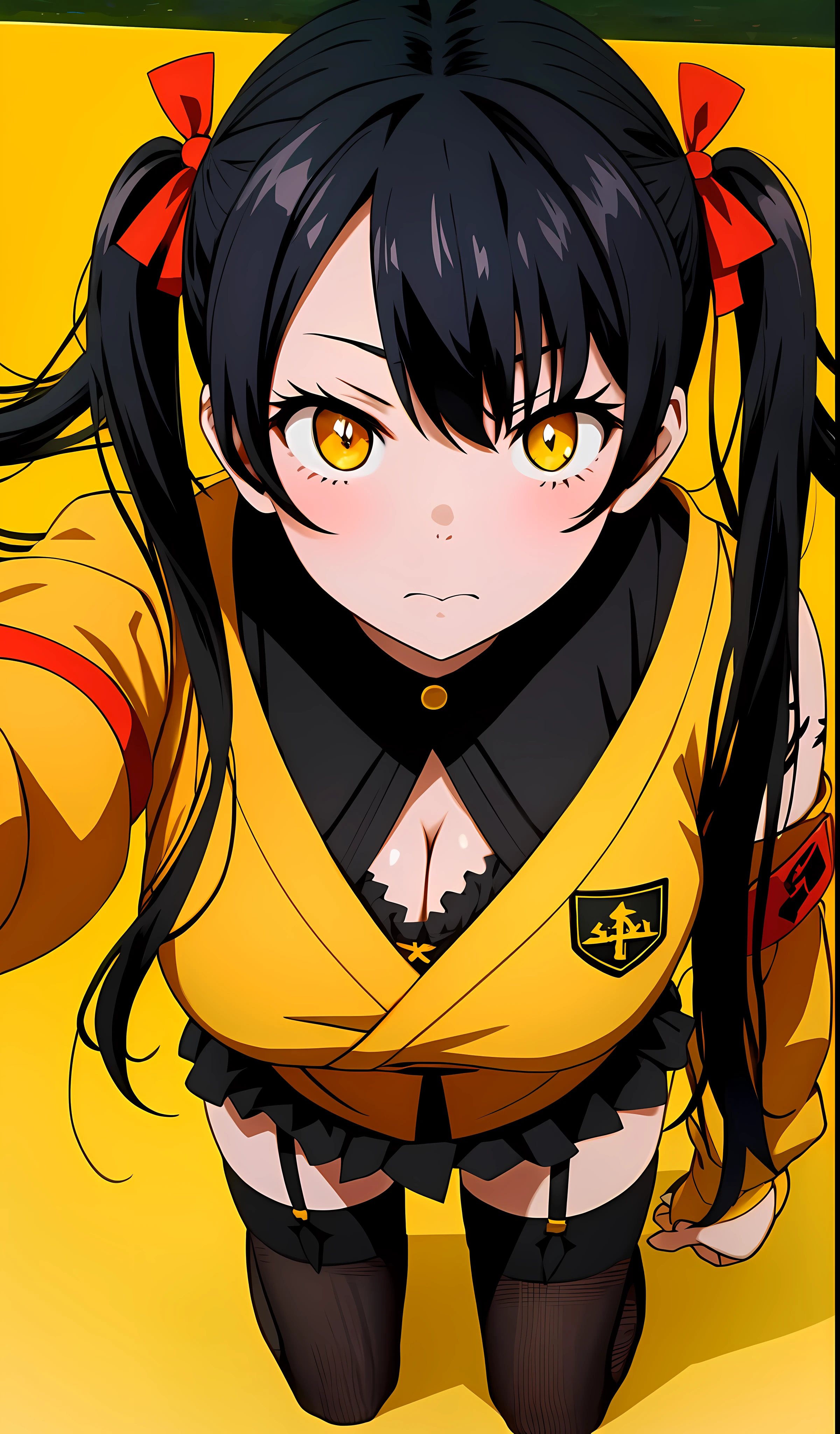 (tamaki kotatsu), Sexy, from above, facing viewer, face close up, cleavage, yellow eyes, black hair, twintail, busty, solid background, full body, 8k, absurd quality, beautiful face, hands out of frame,absurd res, high res, (masterpiece:1.4), ultra-detailed, 1girl, from front, jumping, stockings, black hair, heart shape eyes, yellow eyes, garter belt, yandere, twintail