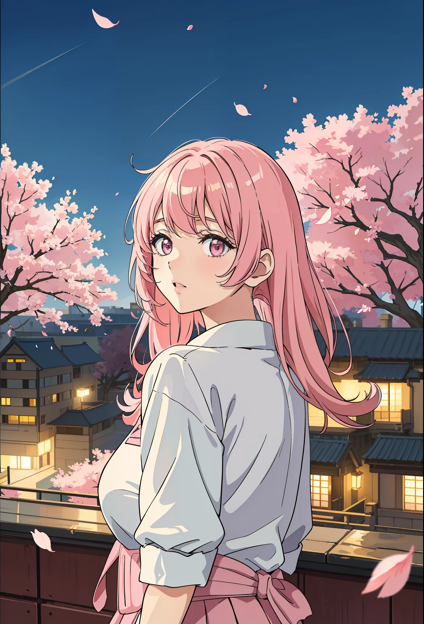 ((Anime style)), ((best quality)), ((masterpiece)), ((HDR+)), (best performance), (best lighting), (a college girl with pink Chanel hair with fringes), wearing a school uniform, in a [college road background on a Sakura tree falling petals], [Wlop], [Takehino Inoue], [Oh! Great]