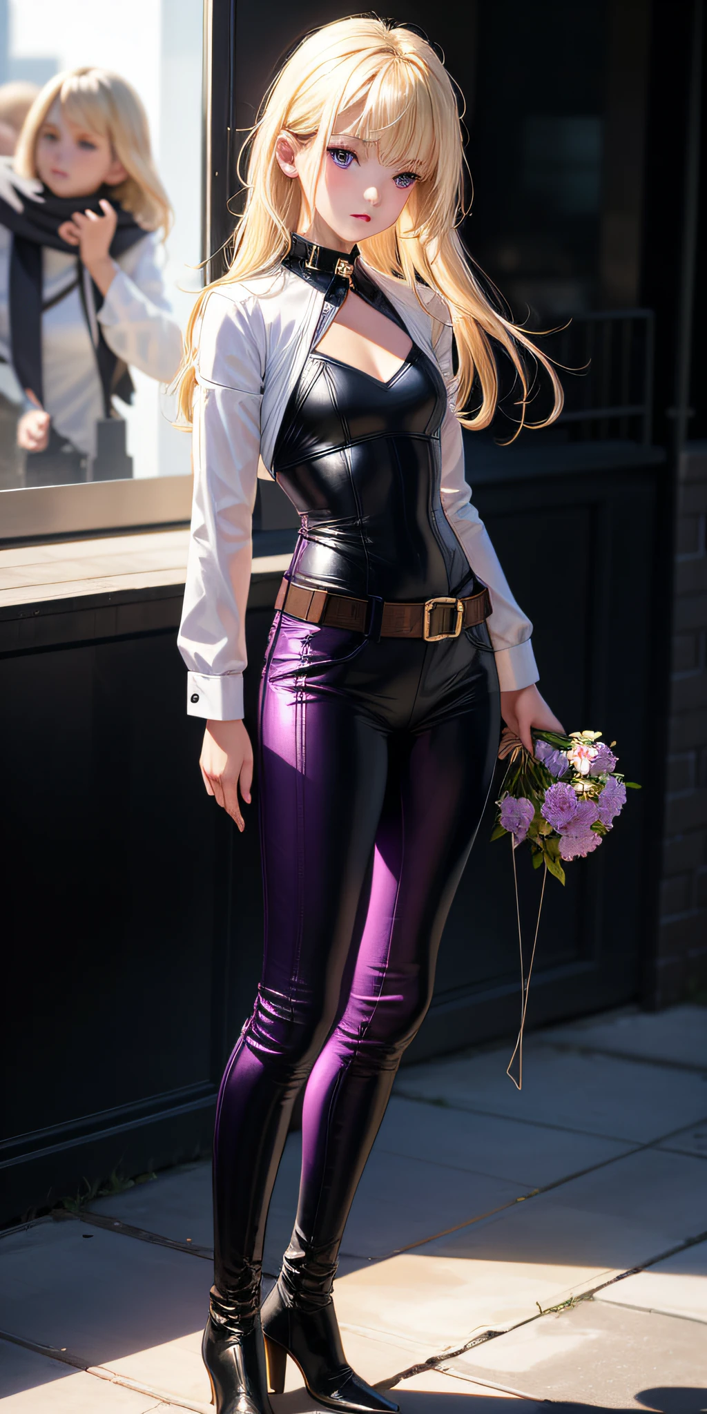 Realistic, 1 girl, blonde, very short bomb, petite, purple eyes, shining eyes, parted lips, blush, night, flower, sun, sunlight, leather long pants, white shirt with collar, long boots, realistic, warm color, light background color, daytime environment, bright color background, saudi, sea, cute,